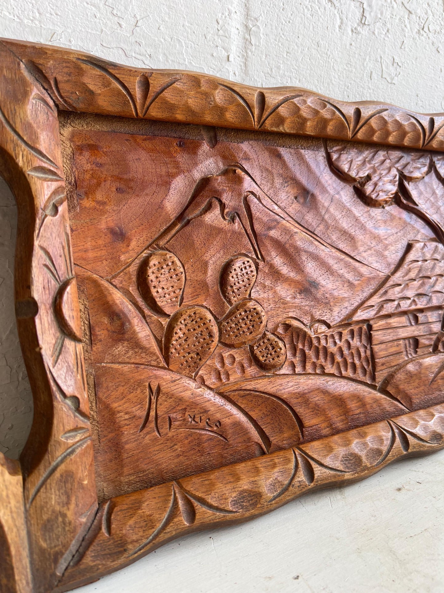 Vintage Hand Carved Wood Serving Tray, Vintage Cactus Tray, MCM Serving Tray