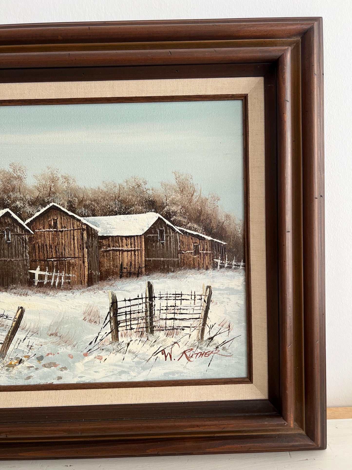 Original Vintage Farm Oil Painting, 18"x22" Framed, Vintage Farmhouse in Snow, Old Barn Painting