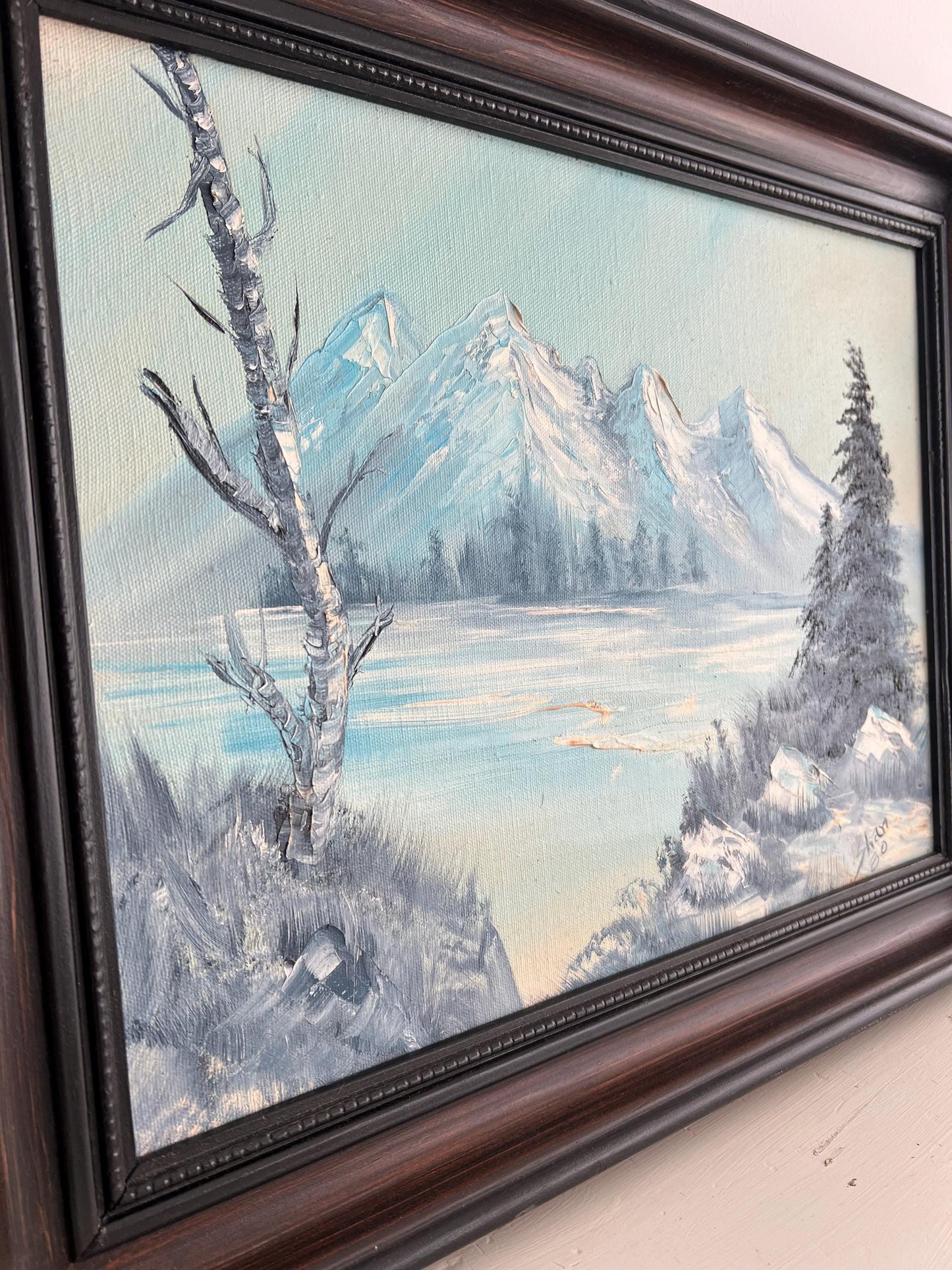Original Vintage Mountains & Snow Painting, 20x16 Framed, Vintage Snowy Mountain Painting, Old Landscape Painting