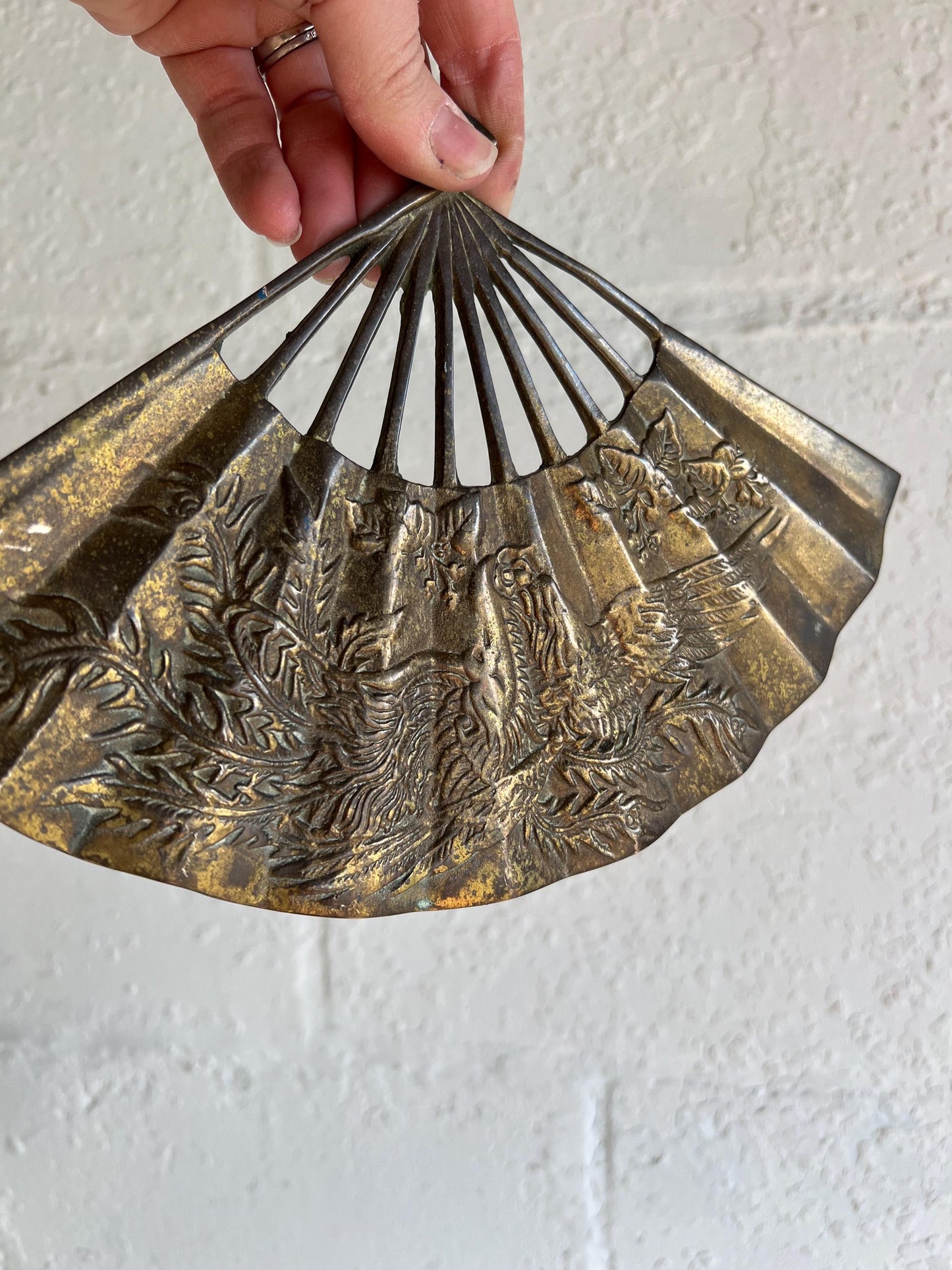 Vintage Brass Asian Fan, Brass Wall Art, Phoenix Rising Detail, Vintage Brass Animal, Brass Patina Wall Art