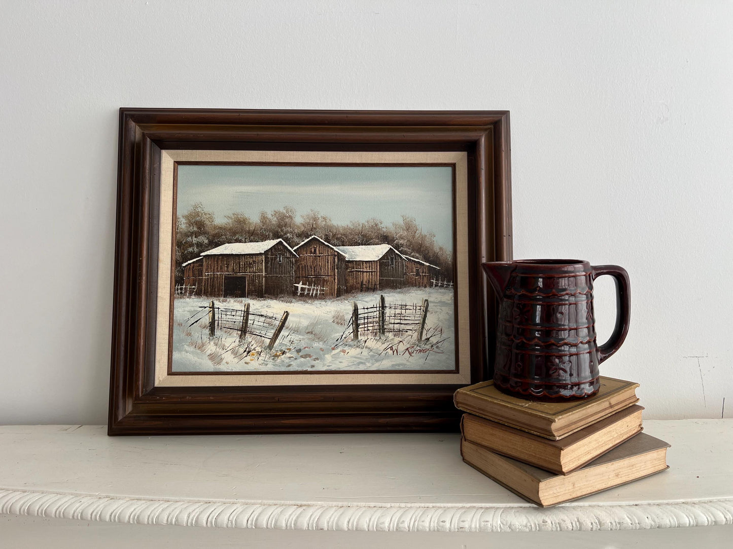 Original Vintage Farm Oil Painting, 18"x22" Framed, Vintage Farmhouse in Snow, Old Barn Painting