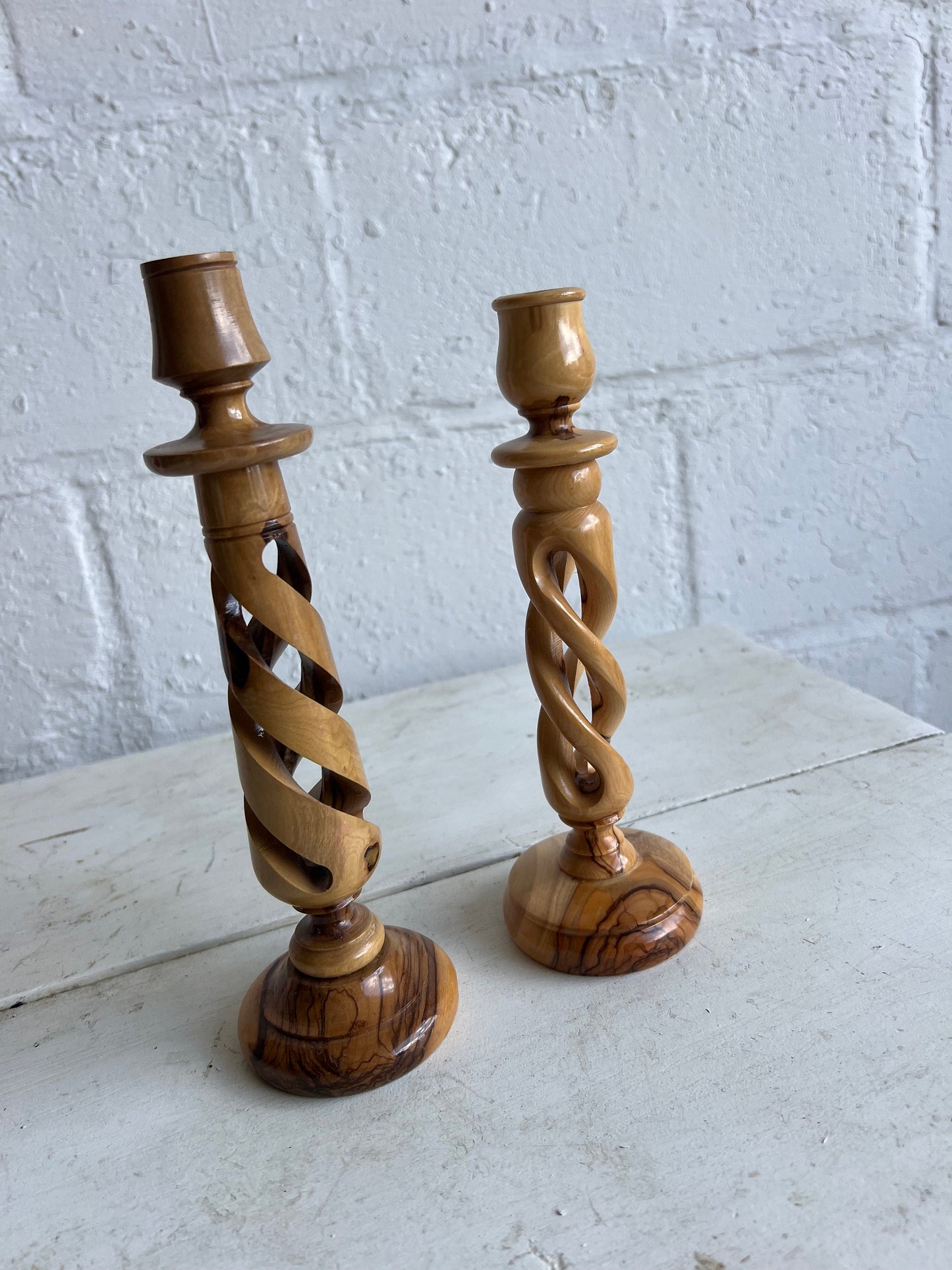 TWO Carved Olive Wood Twisted Candlesticks, Non-Matching Wooden Candle Pair, 9.75" & 9" Candlesticks