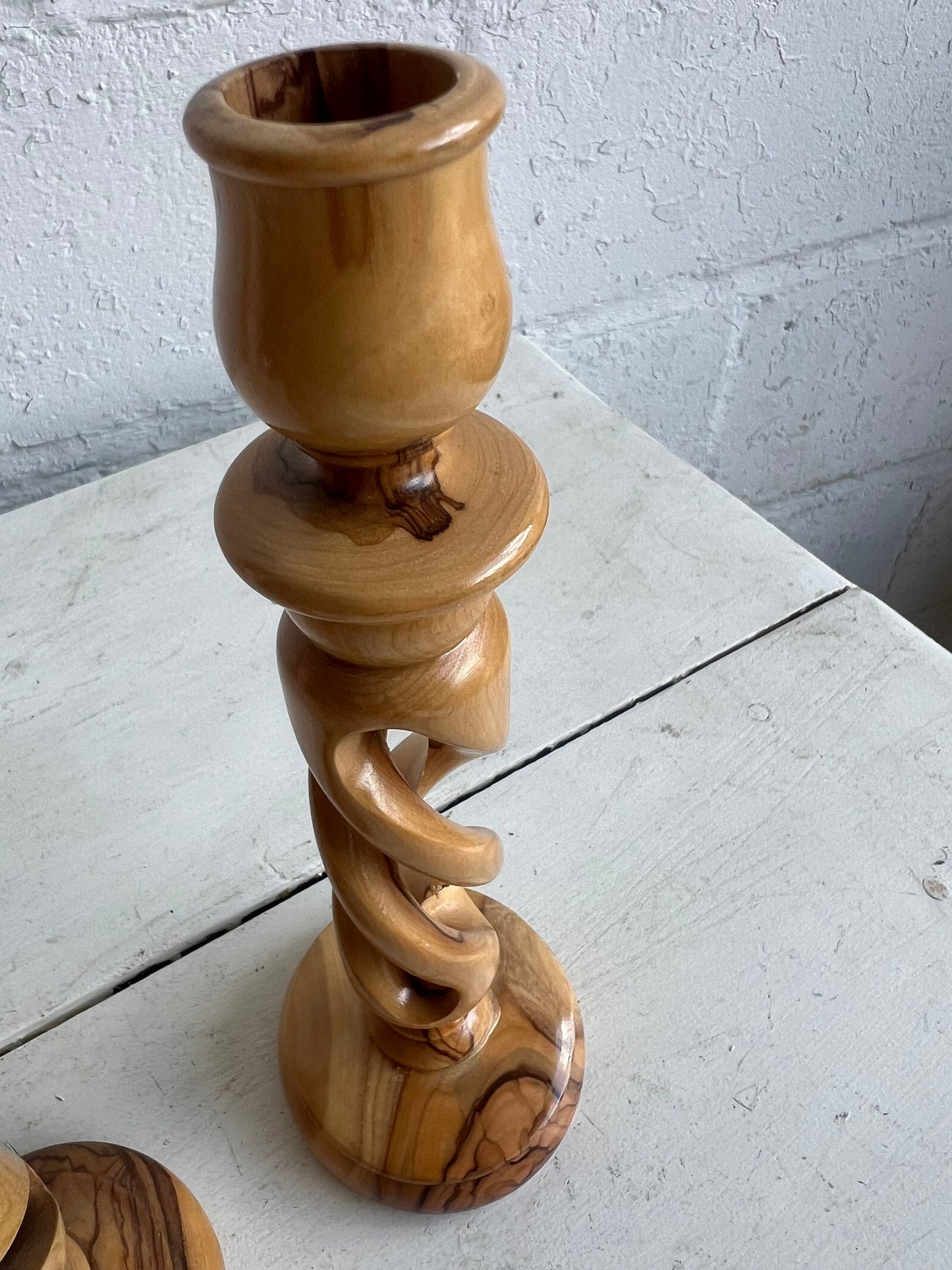 TWO Carved Olive Wood Twisted Candlesticks, Non-Matching Wooden Candle Pair, 9.75" & 9" Candlesticks