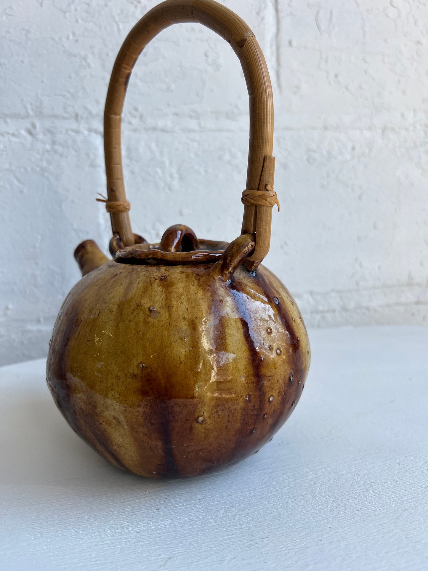 Vintage Pottery Teapot with Brown Glaze & Bamboo Handle