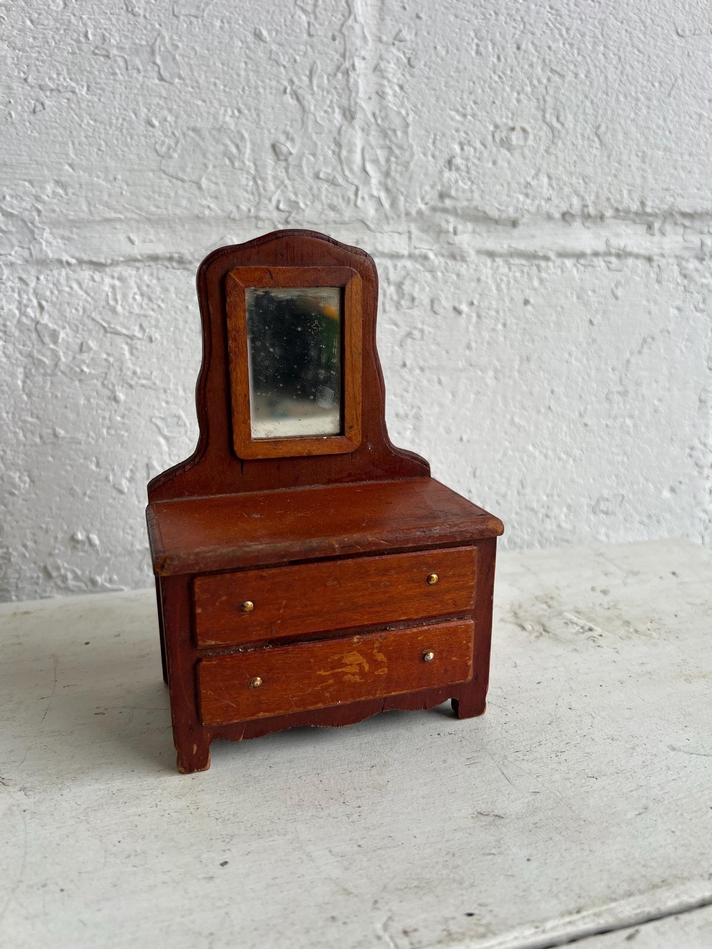 Vintage Dollhouse Wooden Furniture, Wooden Dresser with Mirror, Miniature Furniture, 5.75" Tall