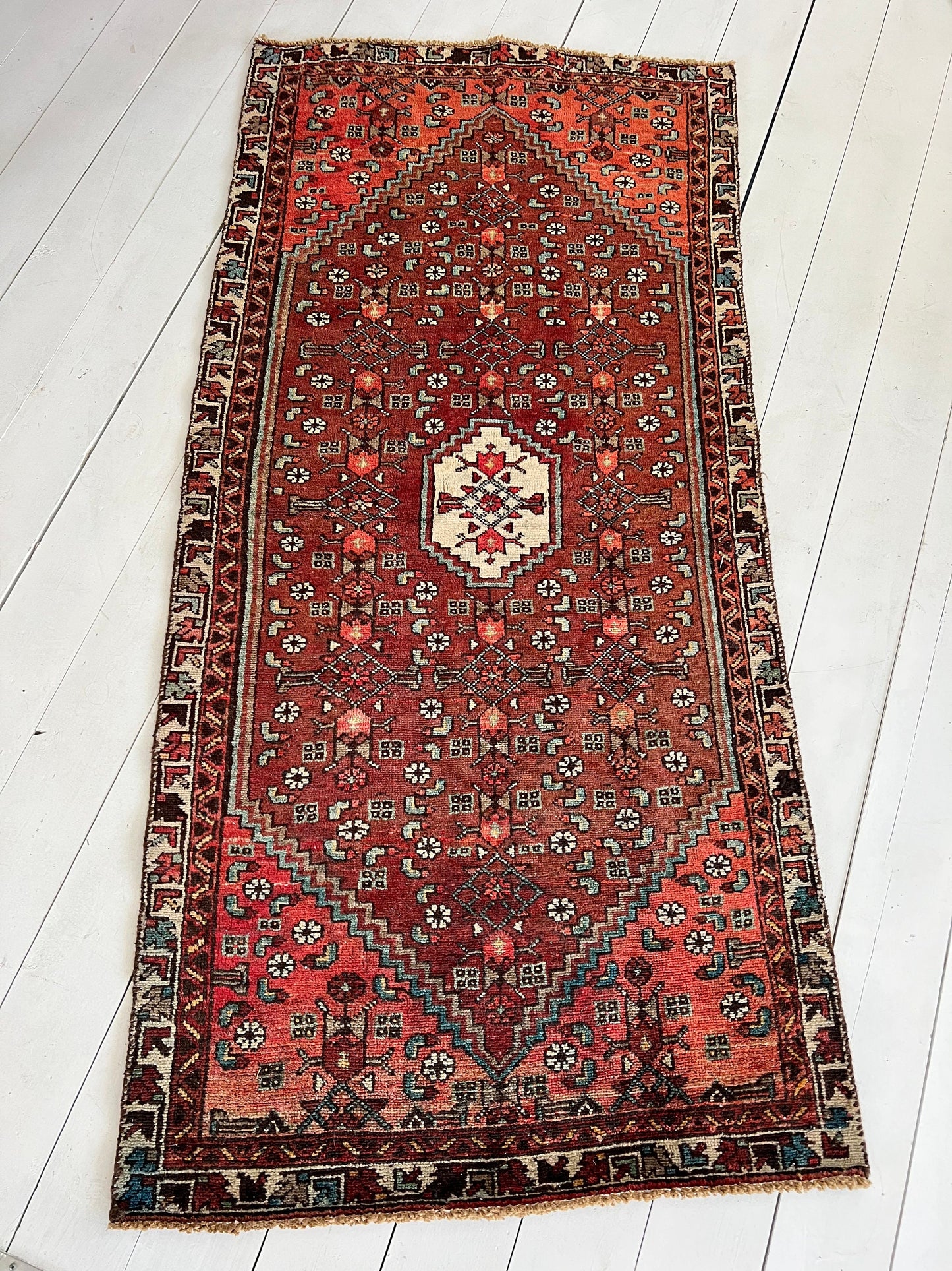 Vintage Oriental Rug 6'4" x 3', Handmade, Burgundy, Blue Rug Pattern, Oriental rug Runner, Boho Runner, Hallway Rug, Kitchen Rug