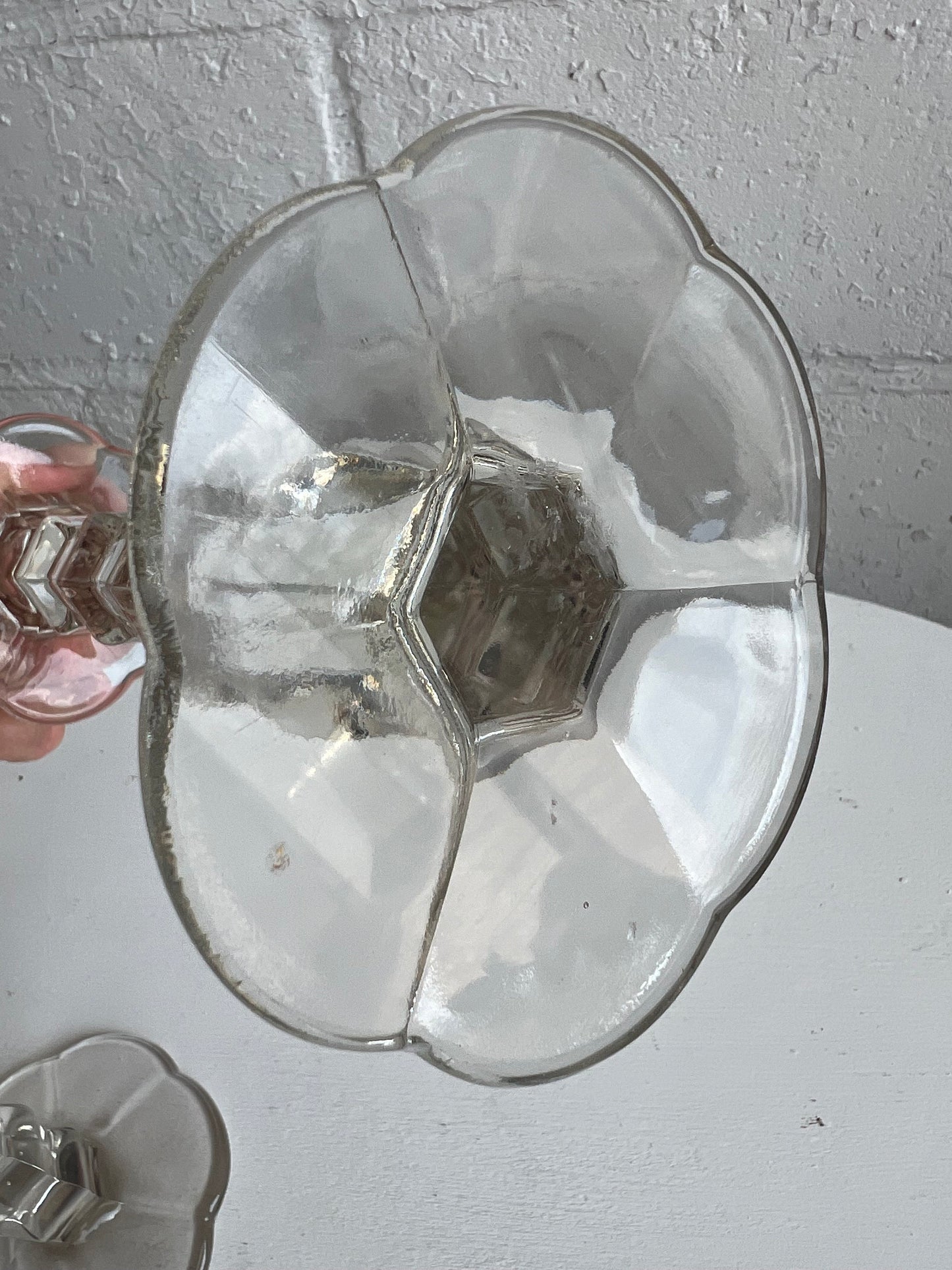 Vintage Glass Candle Holder {PAIR}, 9.5" Tall Flower Shaped Bottom Detail, Heavy