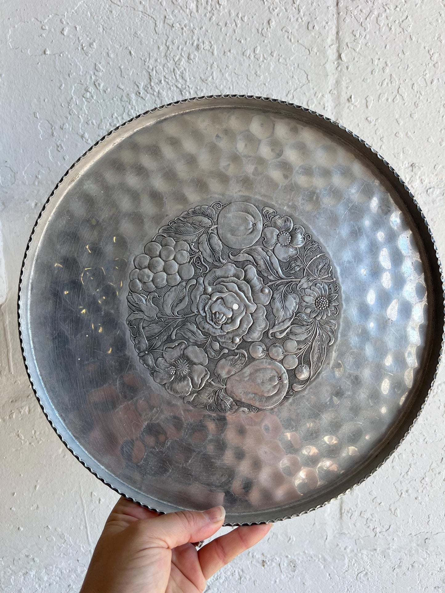Vintage Aluminum Embossed Tray with Pedestal Stand 12.25” | Vintage Platter, Vintage Cake Stand, Tray, Vintage Kitchenware, Aluminum
