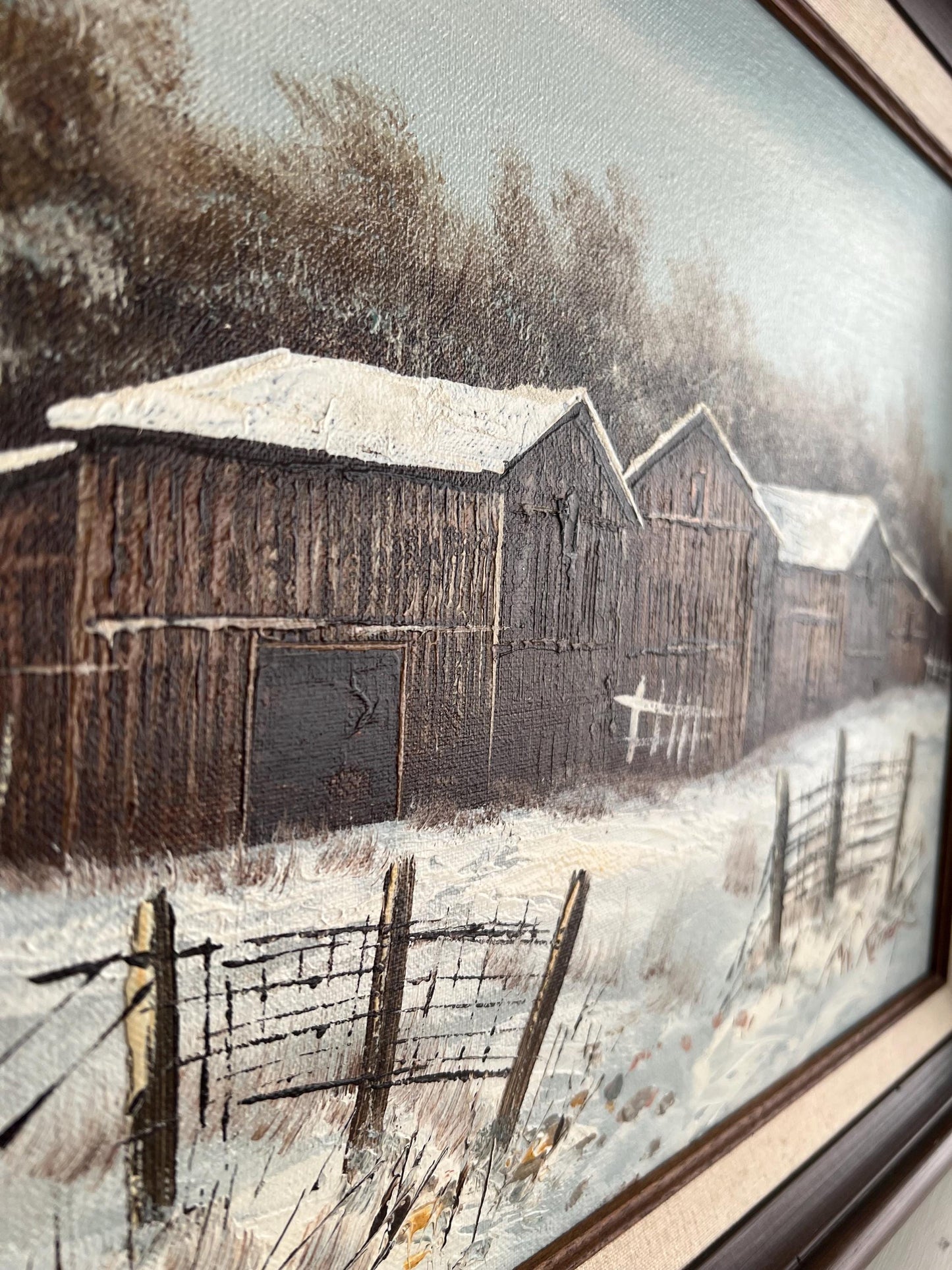 Original Vintage Farm Oil Painting, 18"x22" Framed, Vintage Farmhouse in Snow, Old Barn Painting