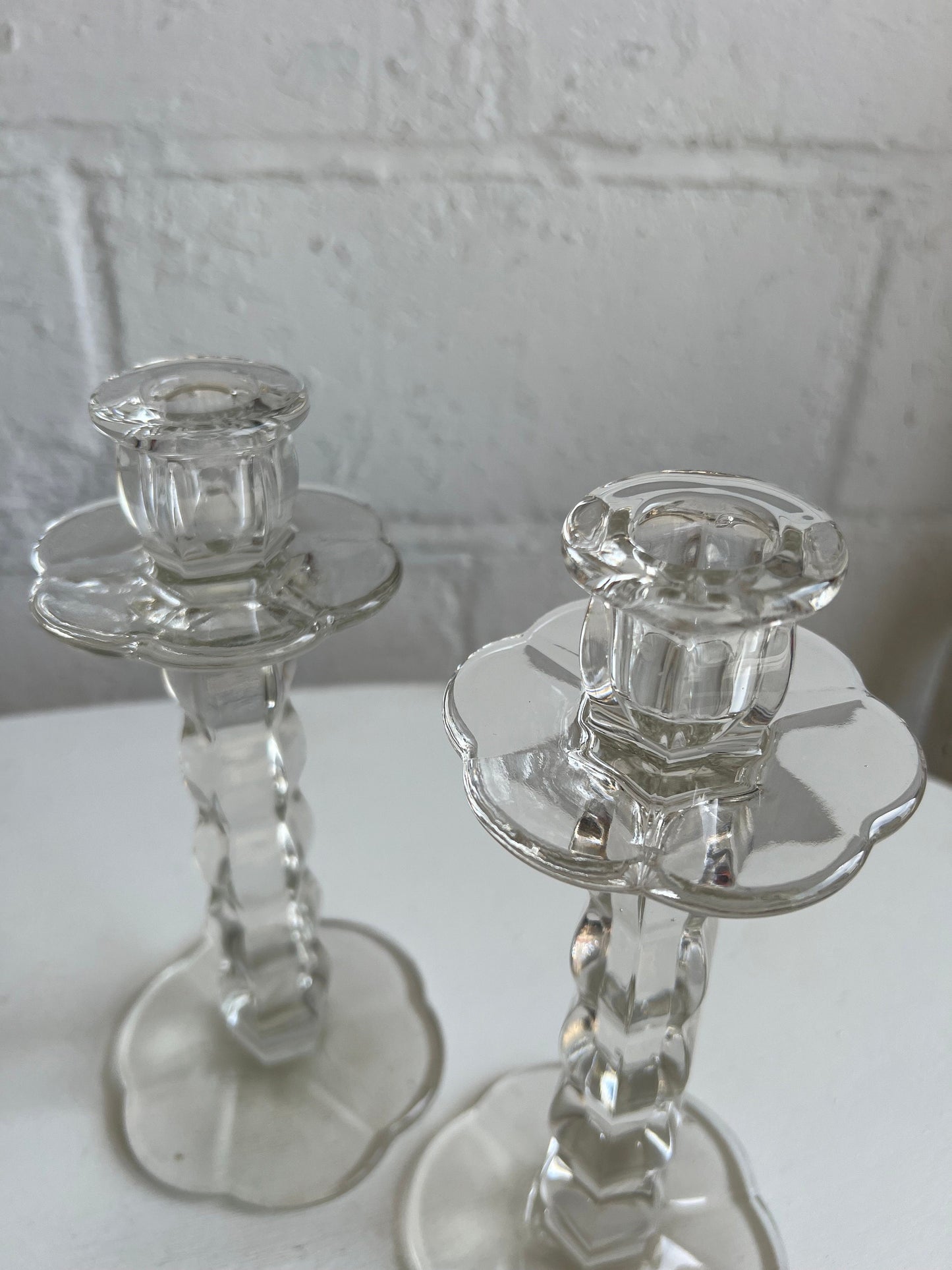 Vintage Glass Candle Holder {PAIR}, 9.5" Tall Flower Shaped Bottom Detail, Heavy