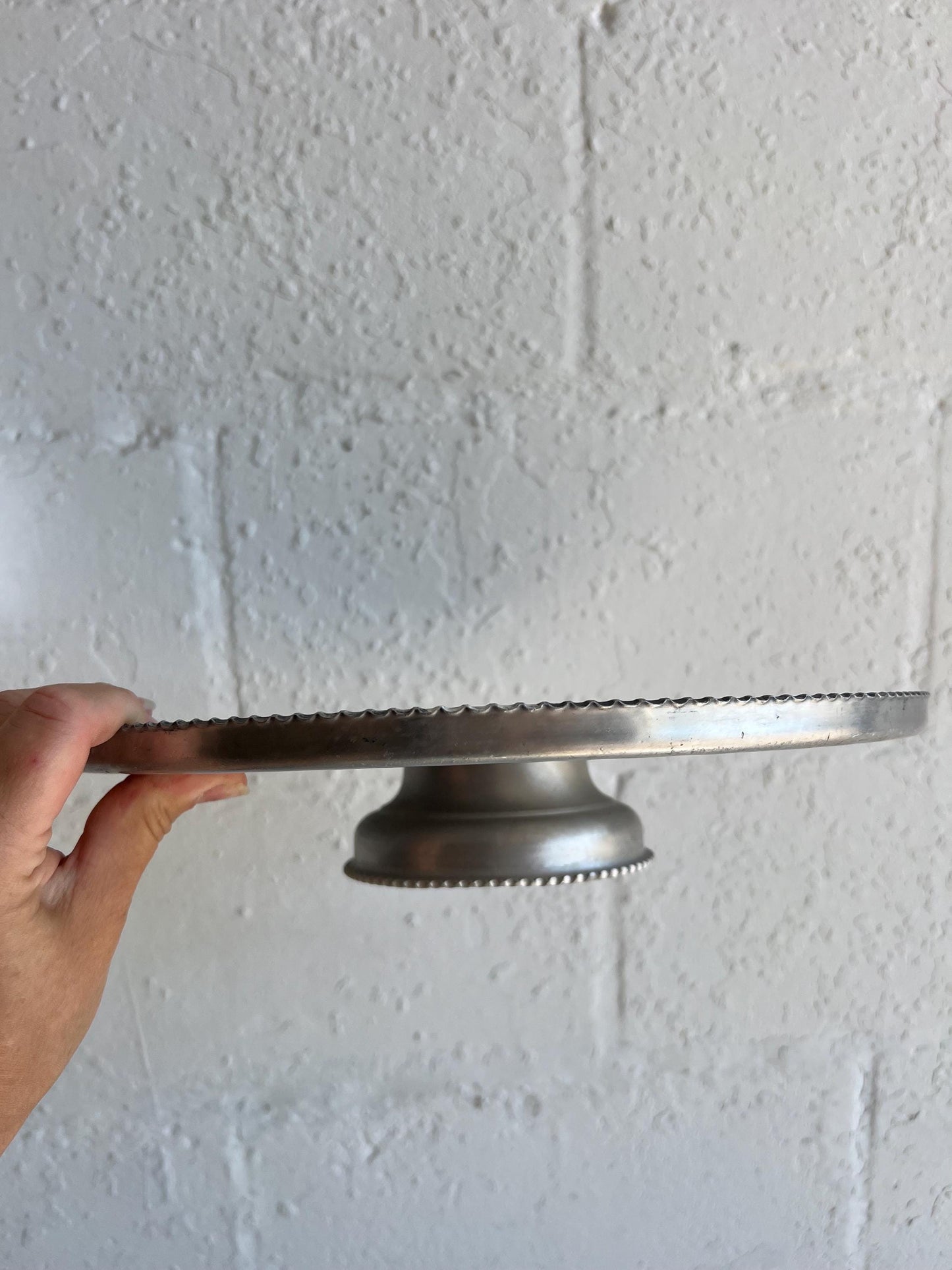 Vintage Aluminum Embossed Tray with Pedestal Stand 12.25” | Vintage Platter, Vintage Cake Stand, Tray, Vintage Kitchenware, Aluminum
