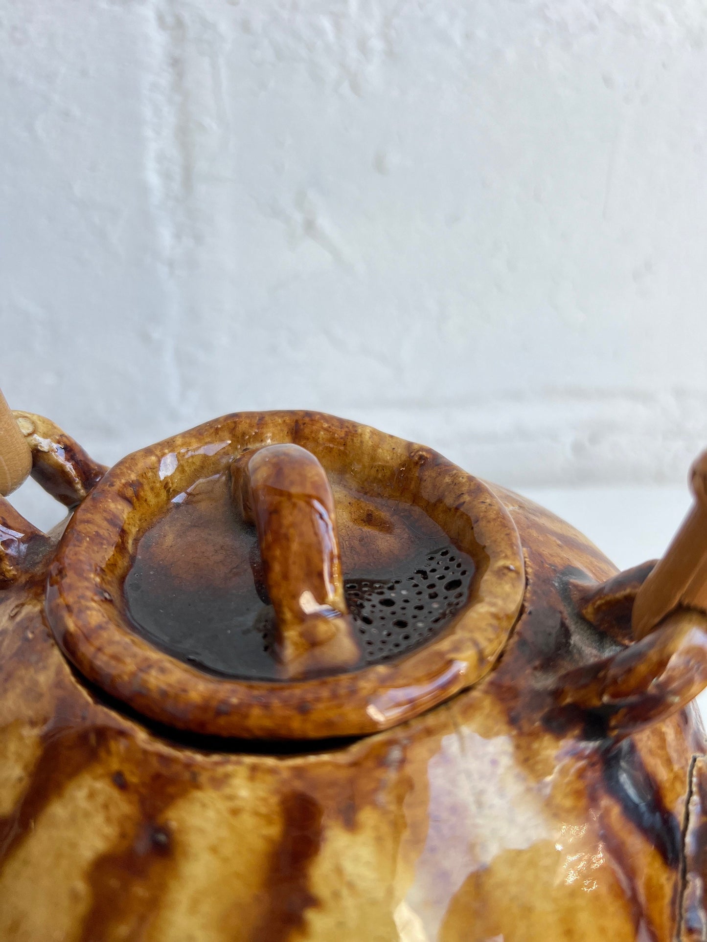 Vintage Pottery Teapot with Brown Glaze & Bamboo Handle