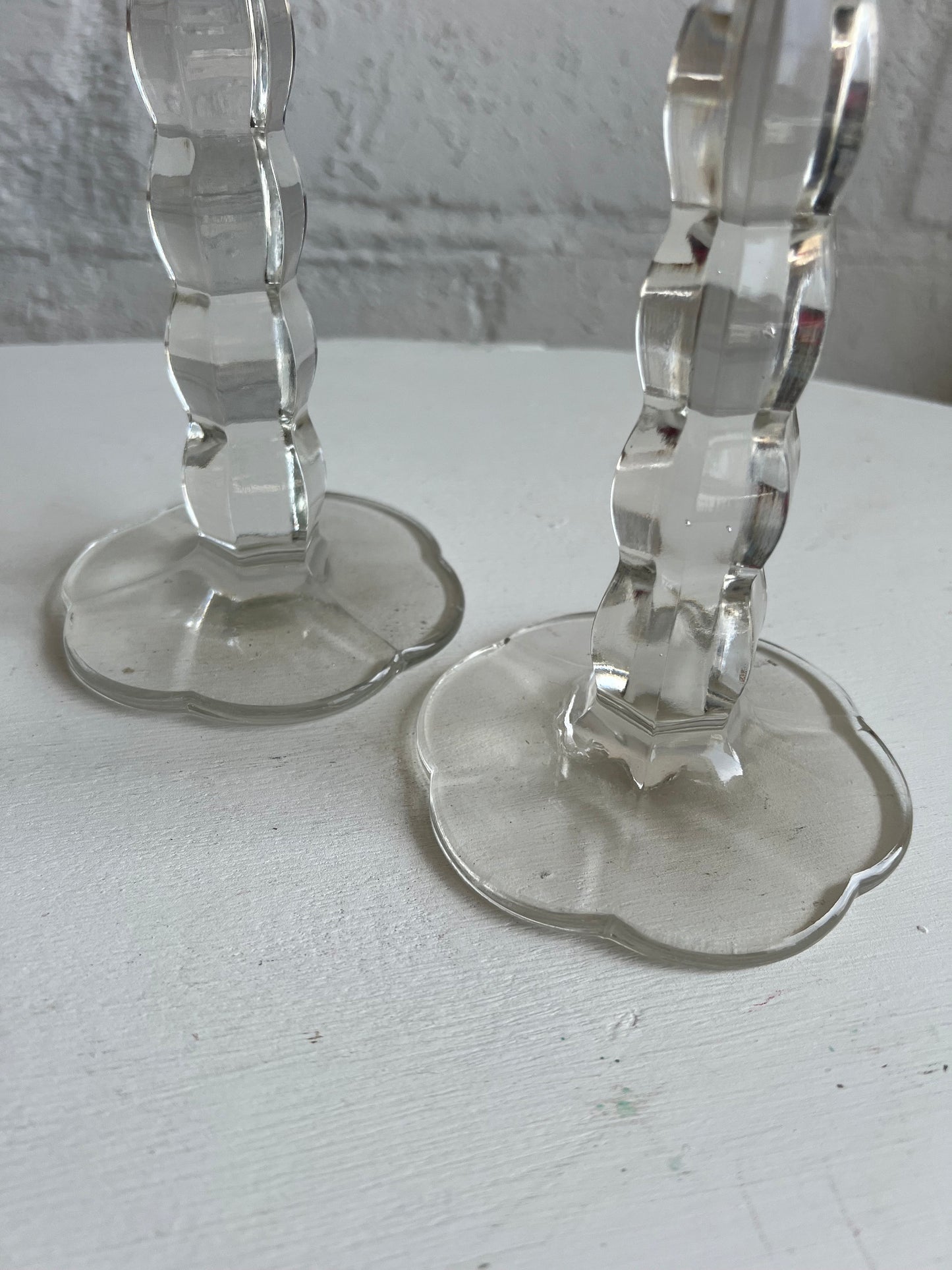Vintage Glass Candle Holder {PAIR}, 9.5" Tall Flower Shaped Bottom Detail, Heavy