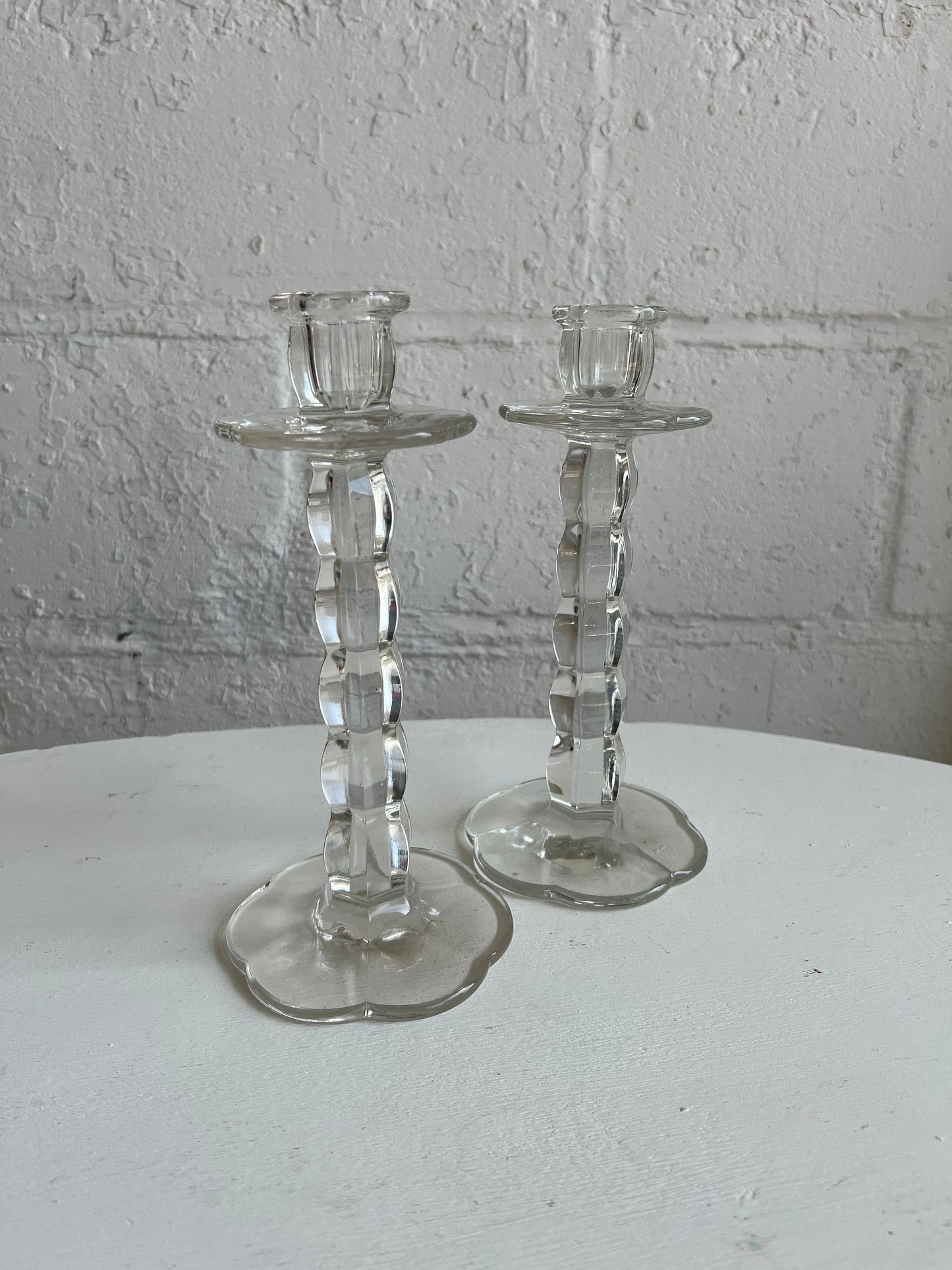 Vintage Glass Candle Holder {PAIR}, 9.5" Tall Flower Shaped Bottom Detail, Heavy