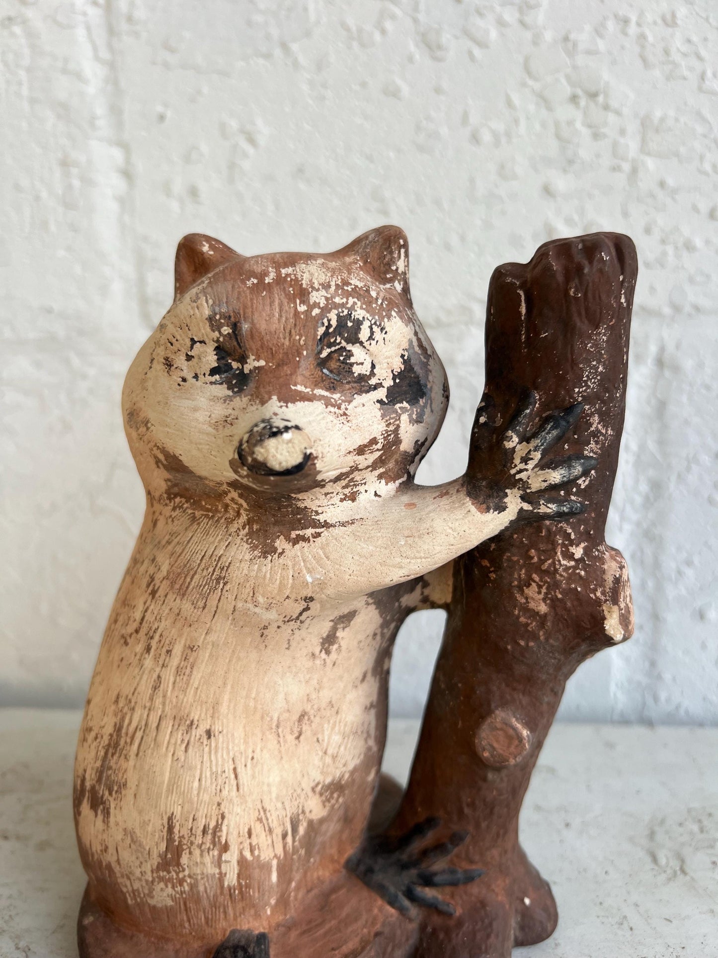 Vintage Worn Ceramic Raccoon Figurine with Log | Distressed Figurine with Very Worn Paint, Vintage Animal Figurine, Vintage Boys Room