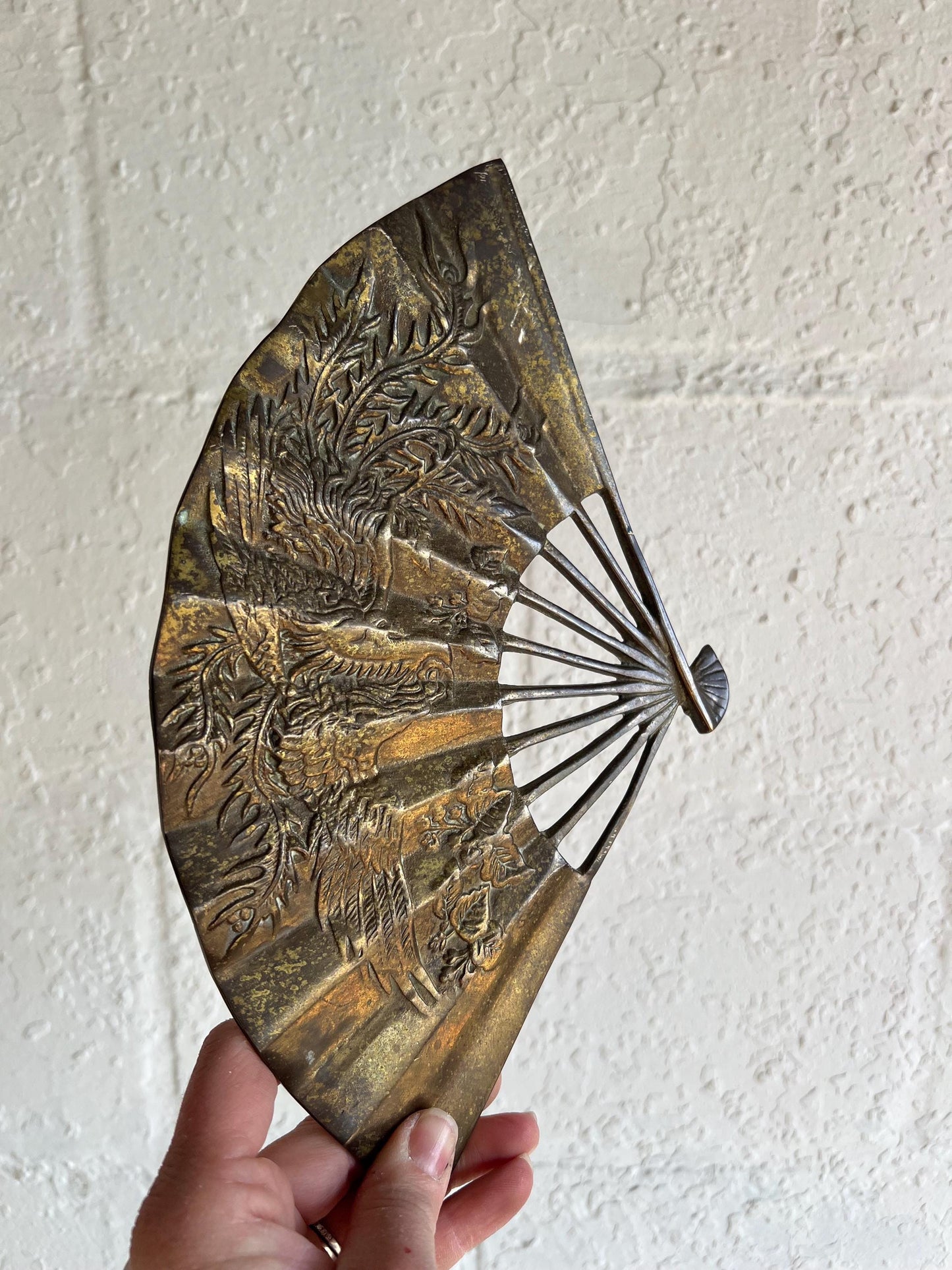 Vintage Brass Asian Fan, Brass Wall Art, Phoenix Rising Detail, Vintage Brass Animal, Brass Patina Wall Art