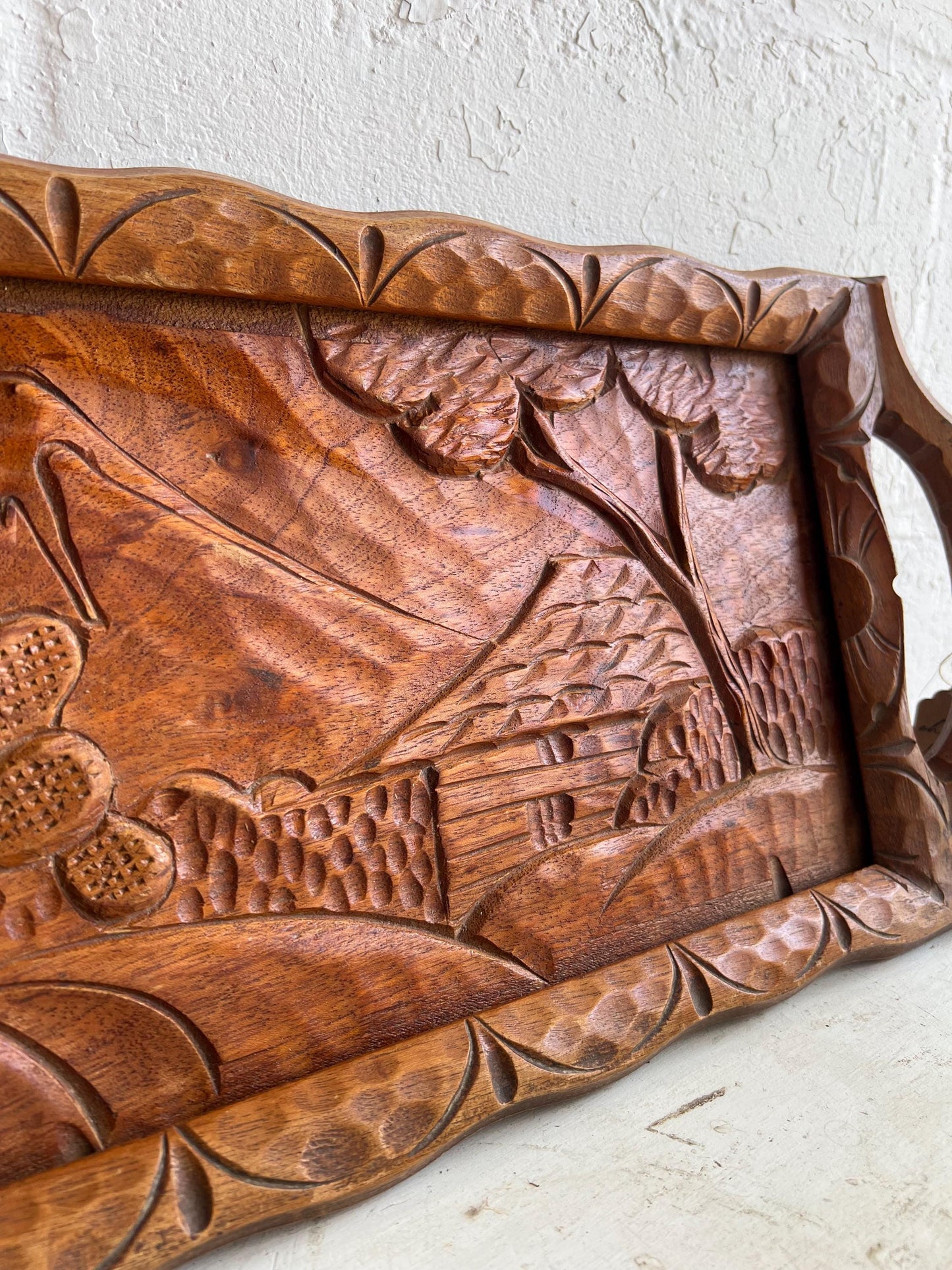 Vintage Hand Carved Wood Serving Tray, Vintage Cactus Tray, MCM Serving Tray