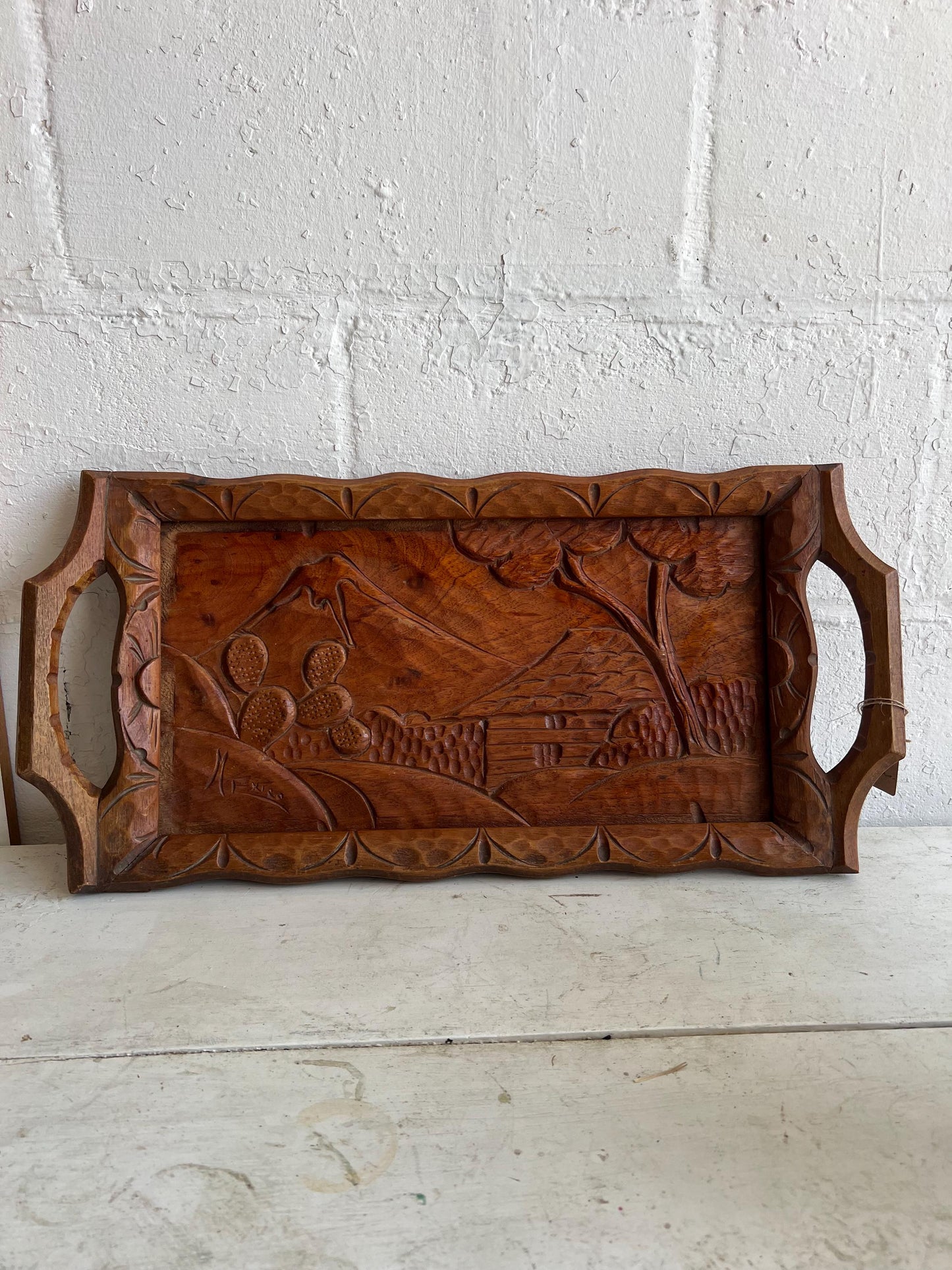 Vintage Hand Carved Wood Serving Tray, Vintage Cactus Tray, MCM Serving Tray