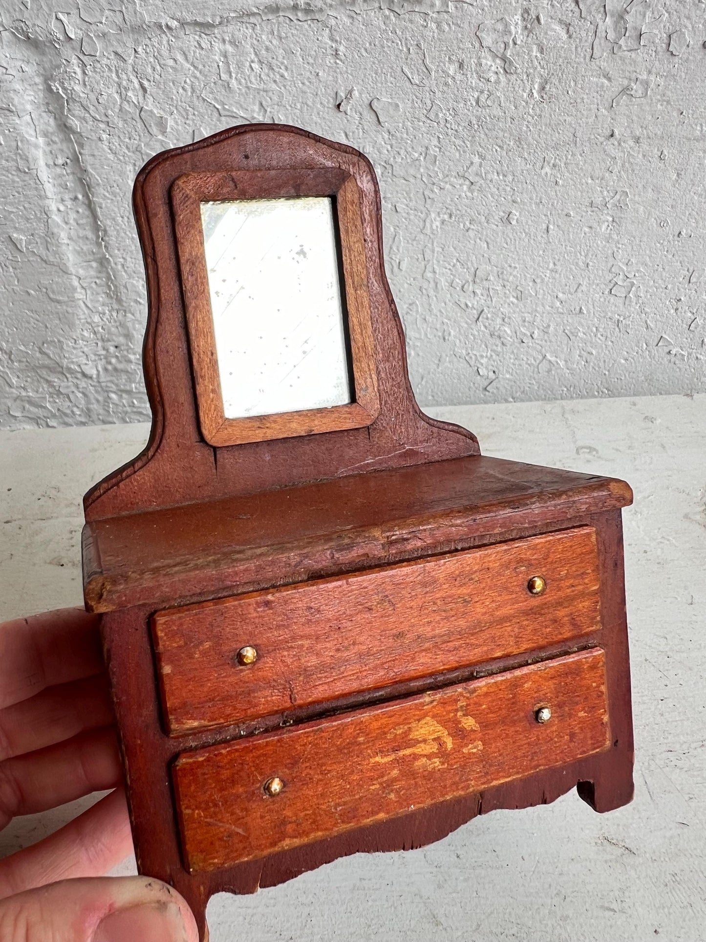Vintage Dollhouse Wooden Furniture, Wooden Dresser with Mirror, Miniature Furniture, 5.75" Tall