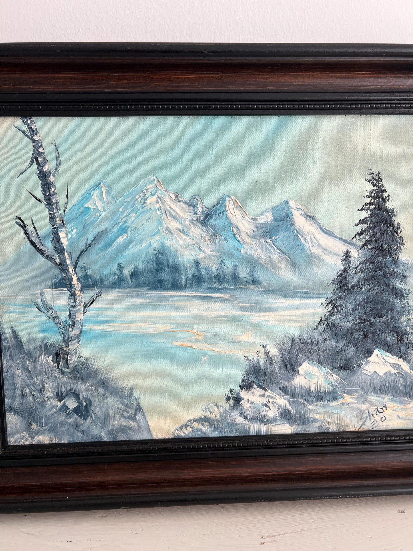 Original Vintage Mountains & Snow Painting, 20x16 Framed, Vintage Snowy Mountain Painting, Old Landscape Painting