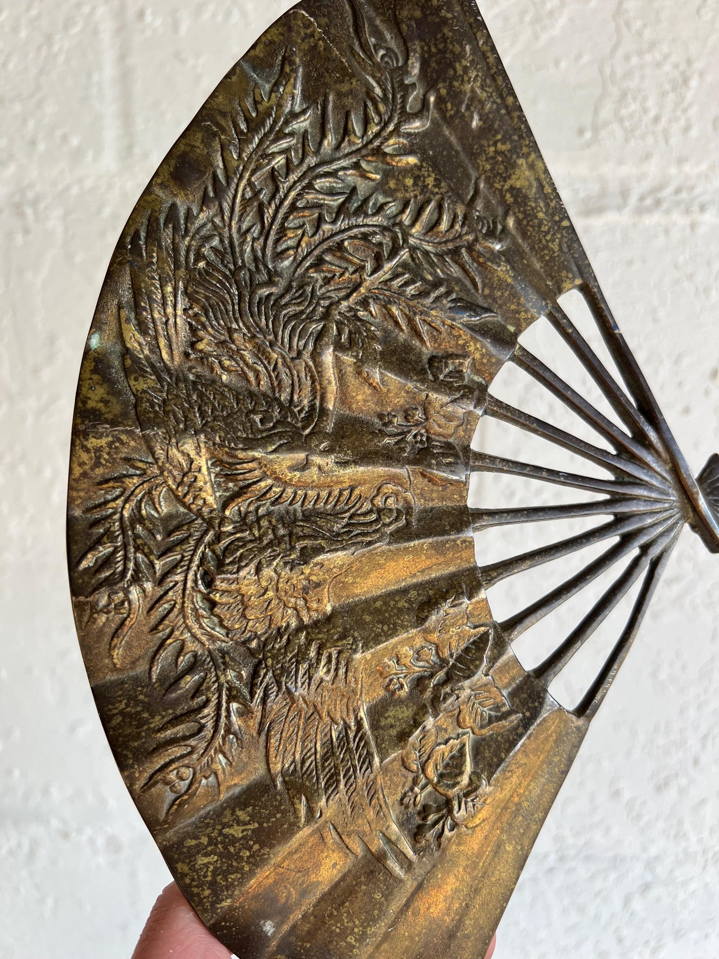 Vintage Brass Asian Fan, Brass Wall Art, Phoenix Rising Detail, Vintage Brass Animal, Brass Patina Wall Art