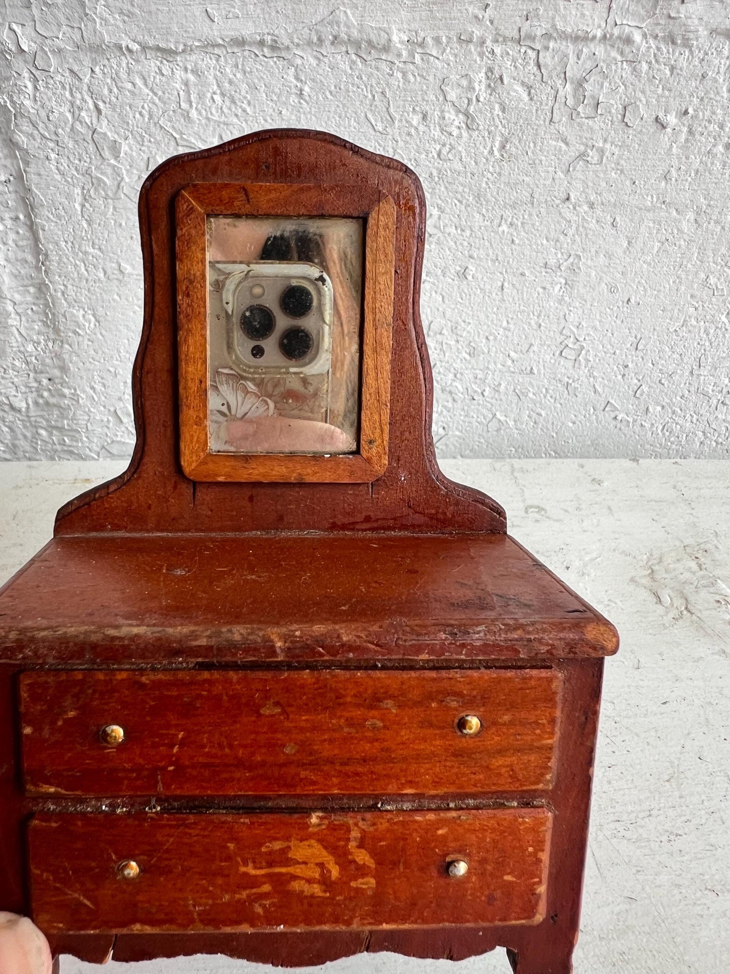 Vintage Dollhouse Wooden Furniture, Wooden Dresser with Mirror, Miniature Furniture, 5.75" Tall
