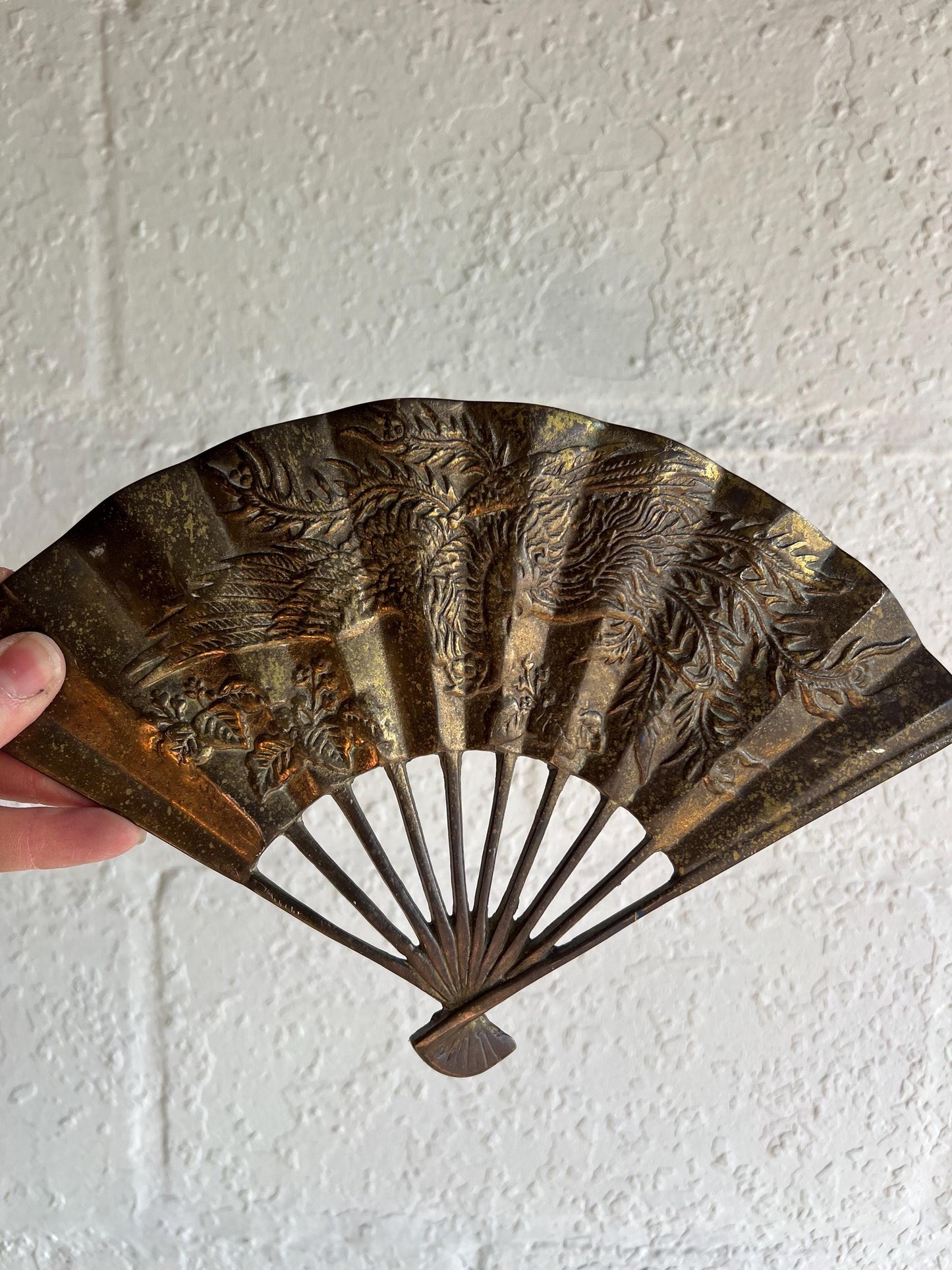 Vintage Brass Asian Fan, Brass Wall Art, Phoenix Rising Detail, Vintage Brass Animal, Brass Patina Wall Art