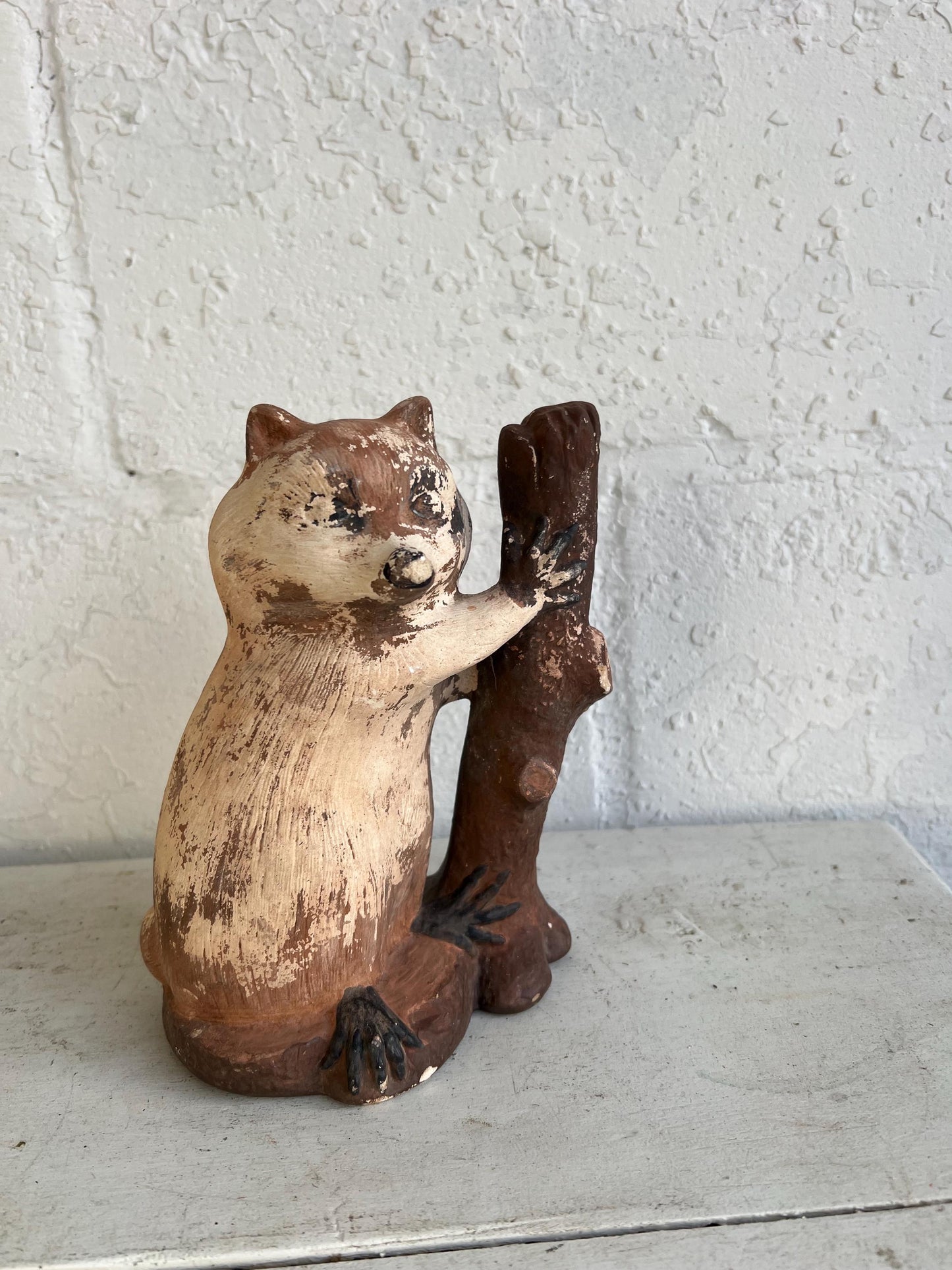 Vintage Worn Ceramic Raccoon Figurine with Log | Distressed Figurine with Very Worn Paint, Vintage Animal Figurine, Vintage Boys Room