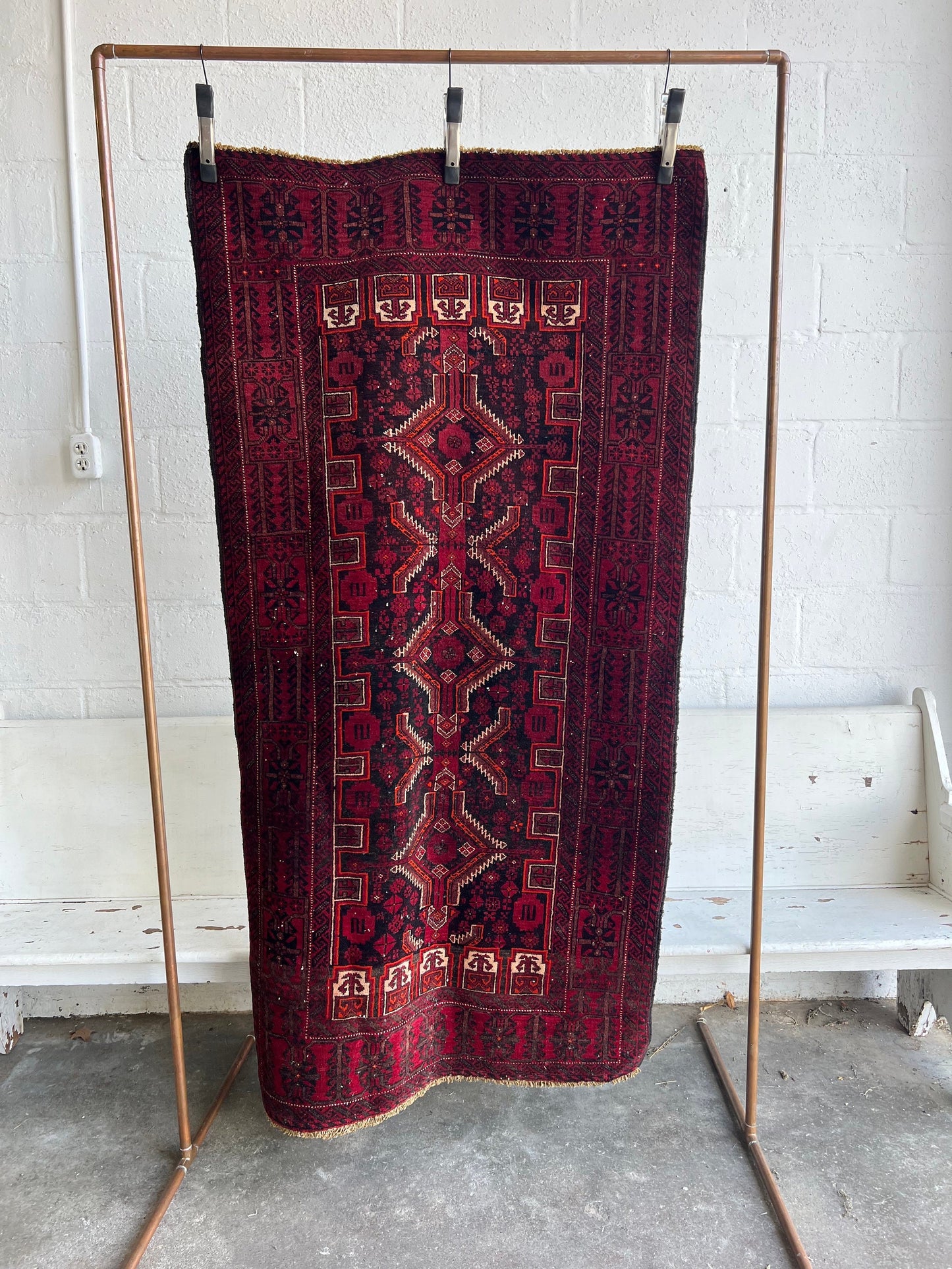 Vintage Oriental Rug 3.2’x6.2', Handmade, Deep Red & Black Geometric Pattern, Oriental rug Runner, Boho Runner, Hallway Rug, Kitchen Rug