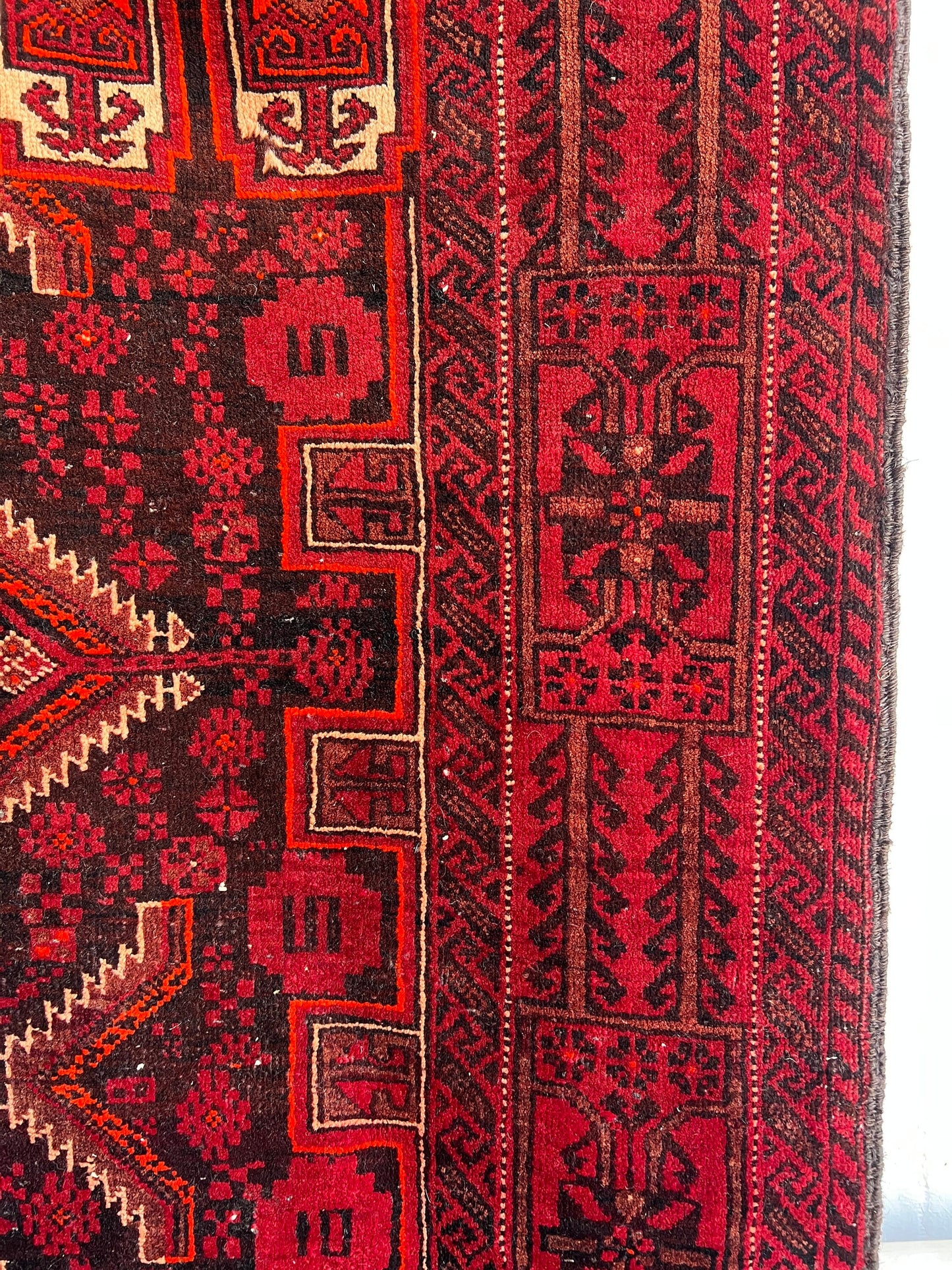 Vintage Oriental Runner Rug: Handmade Red & Black Geometric Hallway Rug (3.2’x6.2')