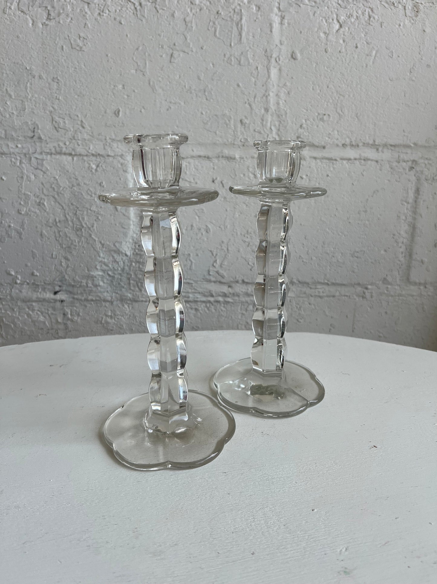 Vintage Glass Candle Holder {PAIR}, 9.5" Tall Flower Shaped Bottom Detail, Heavy