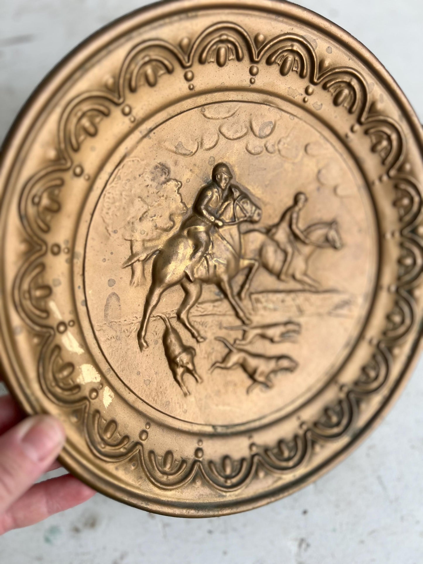 Vintage Brass Wall Hanging: Horse & Dog Hunting Scene (10")