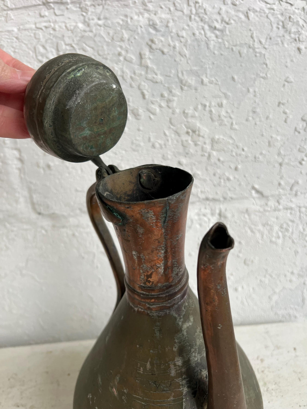 Antique Copper Pitcher: 13" Middle Eastern Jug with Hinged Lid