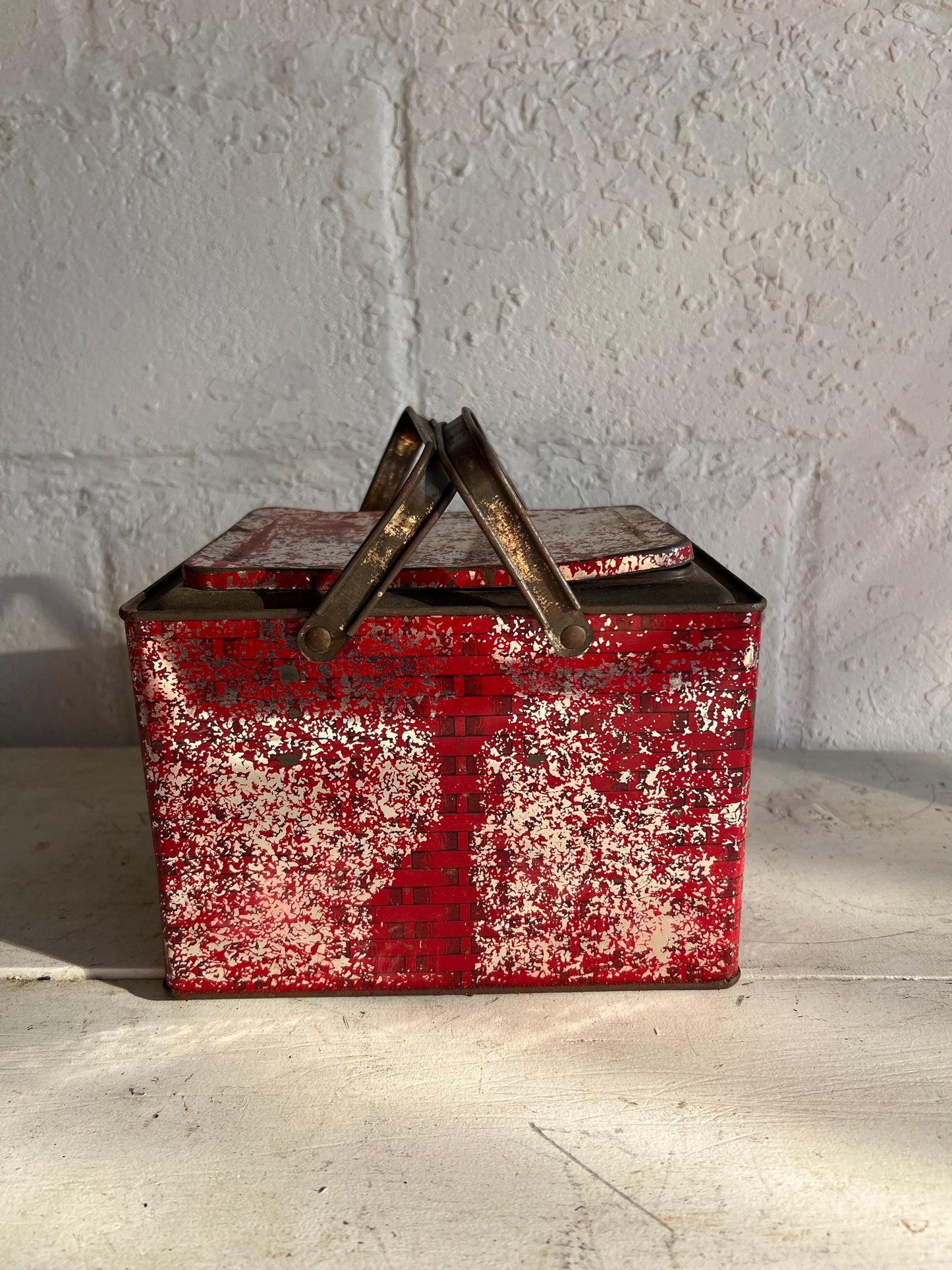 Vintage Red Metal Tobacco Tin: Rusty Chippy Industrial Basket