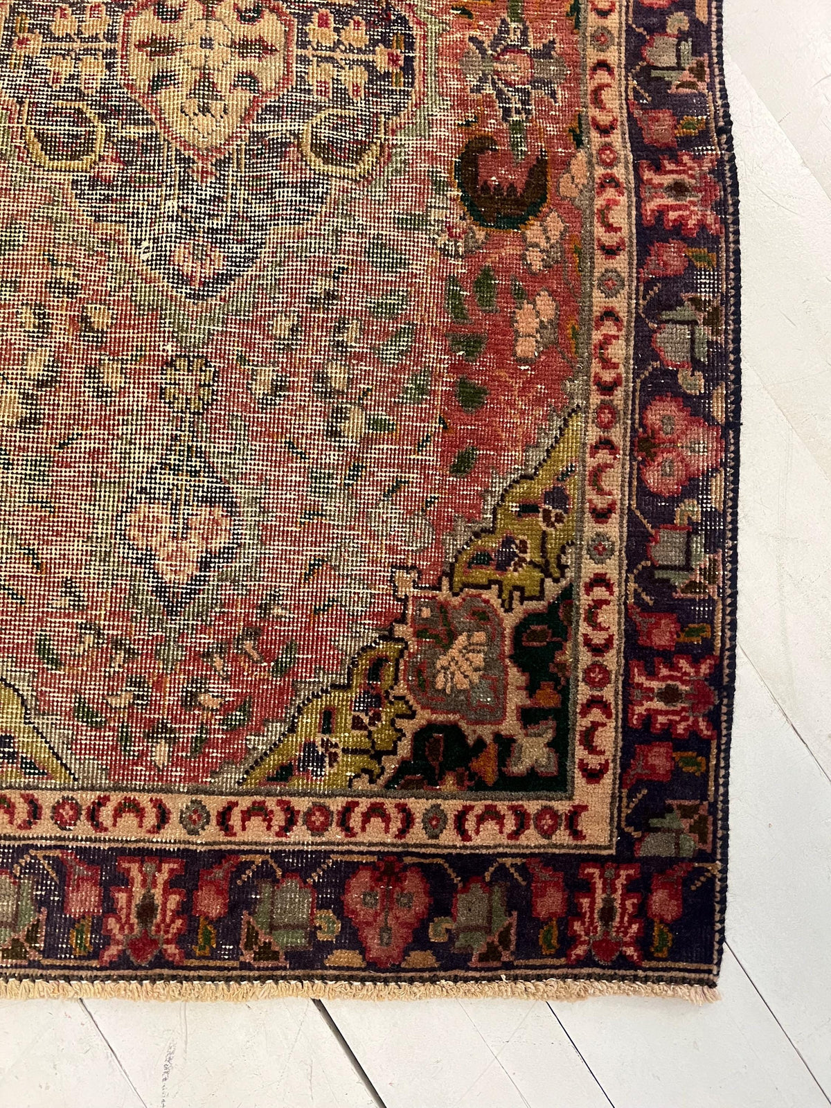 Handmade Oriental Rug Runner: Worn Green, Purple & Pink Boho Decor (35.5" x 59")