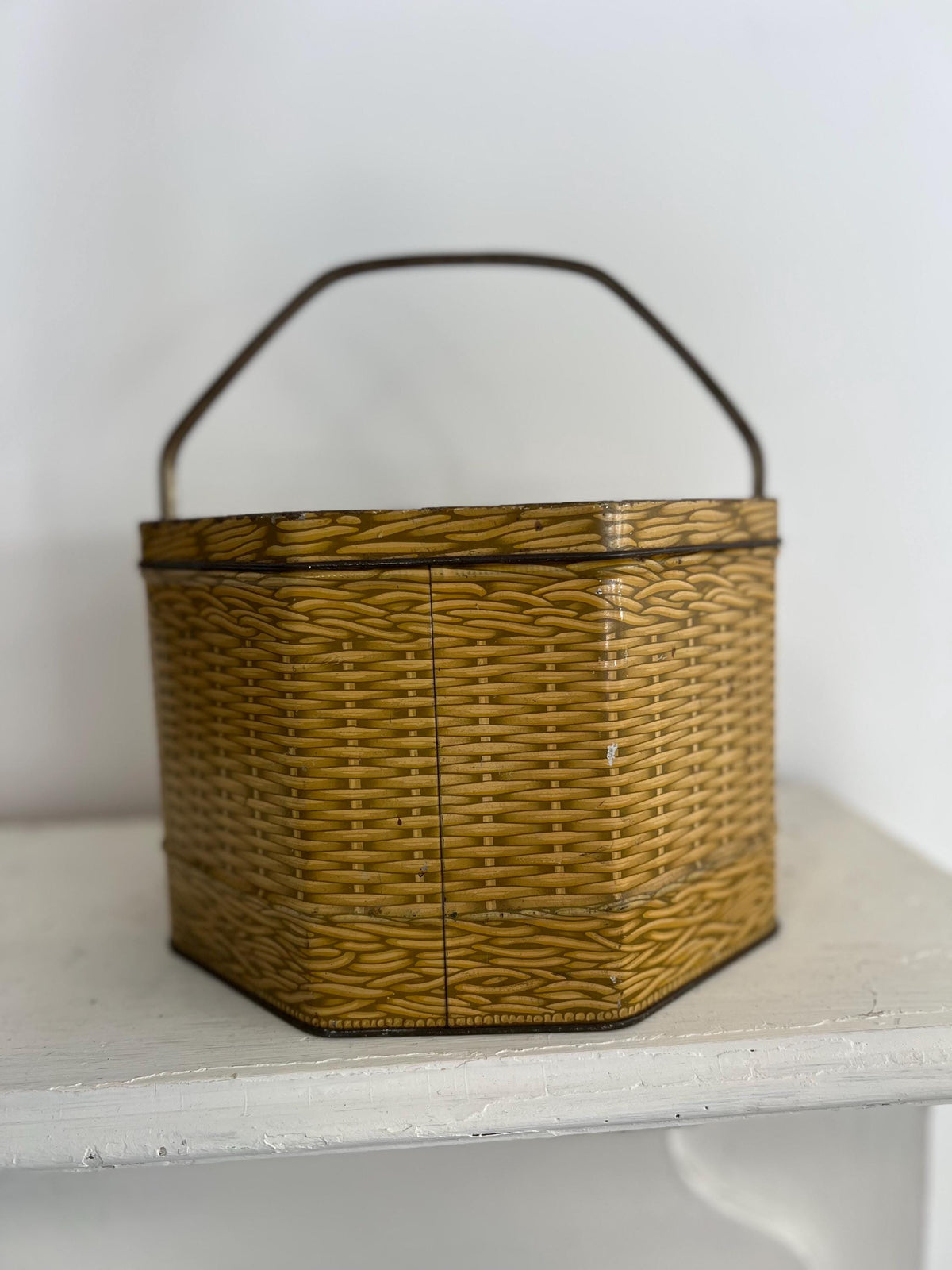 Vintage Biscuit Tin Basket: Rusty Brown Metal Storage Container