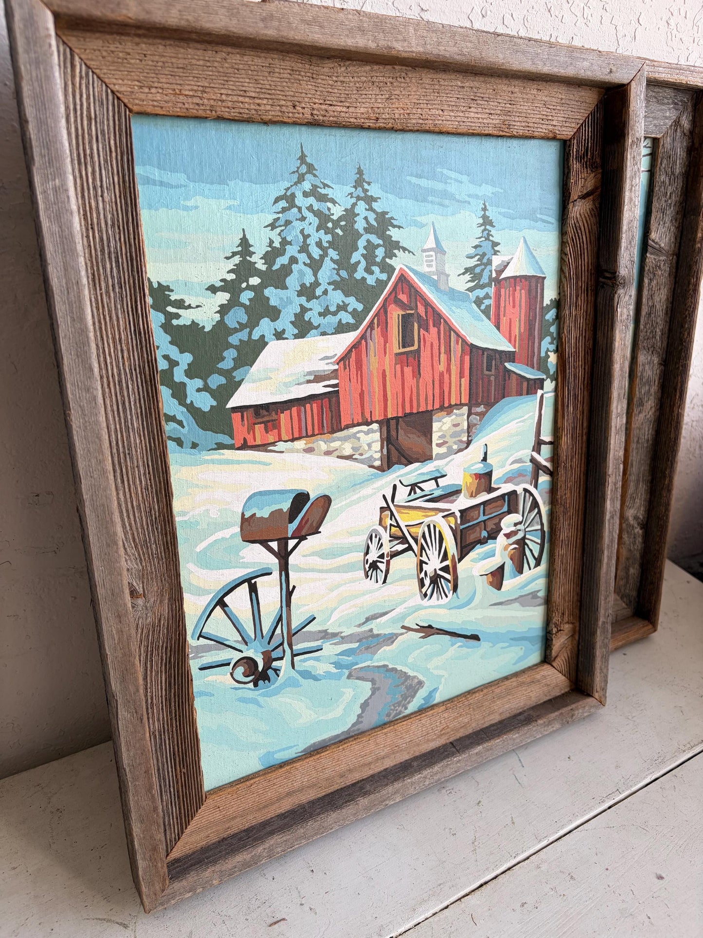 Vintage Americana Winter Farm Painting Set, Barn Wood Frames (15"x19")