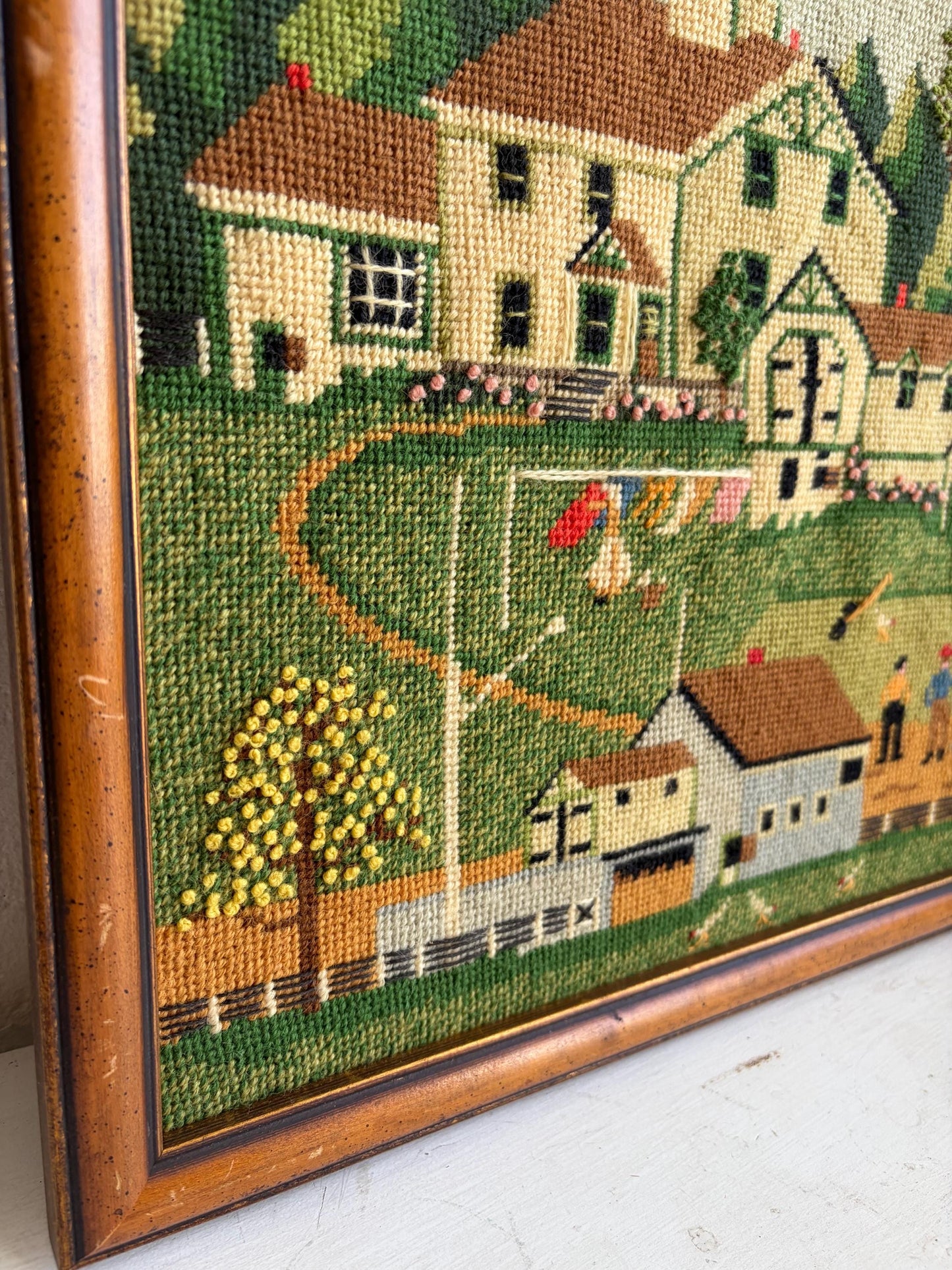 Vintage Framed Needlepoint Art: Lighthouse Living by Charles Wysocki, American Folk Art, 18"x15"
