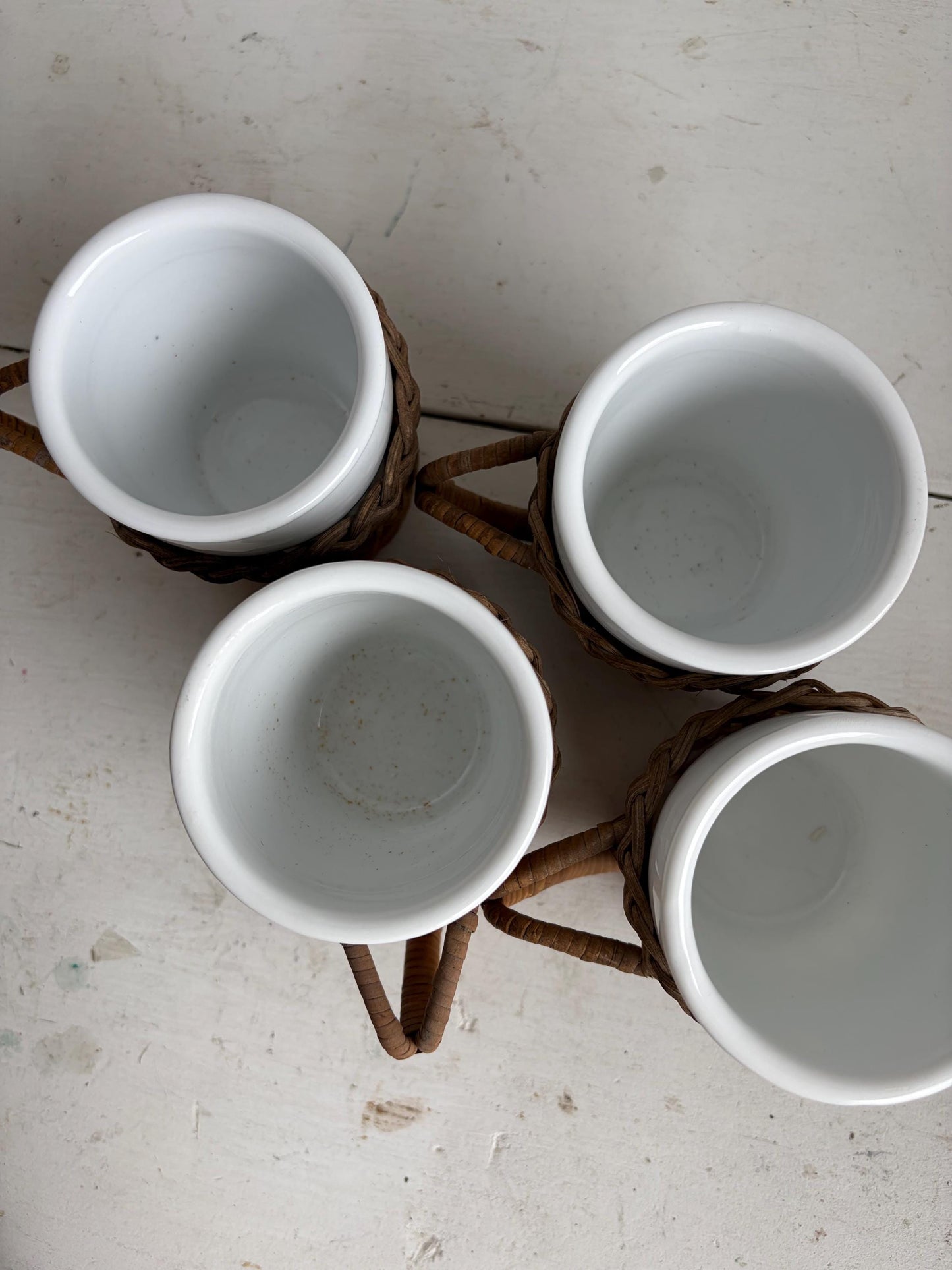 Vintage Wicker Wrapped Ceramic Mug Set of 4 | Boho Rattan Coffee Cups
