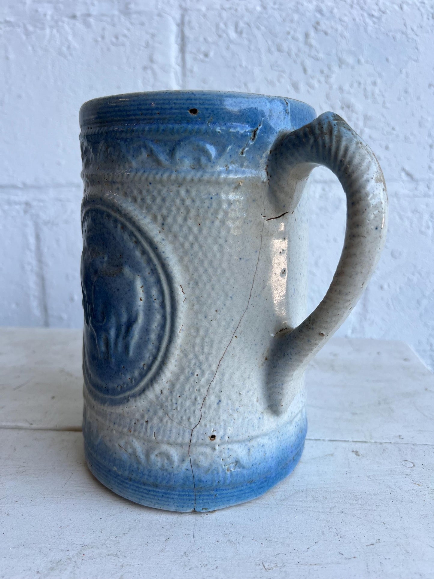 Antique Salt Glaze Stoneware Pitcher, 8" Pitcher Grey & Blue Details with Cows, Old Stoneware Pottery, Antique Stoneware, Farmhouse Decor
