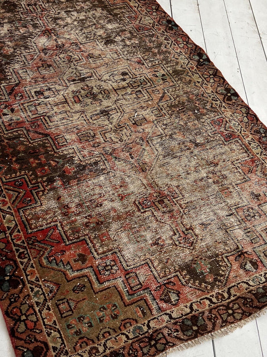 Vintage Oriental Rug 4x7, Handmade Muted, Worn Red, Brown, Teal & Blue Oriental rug Runner, Boho Runner, Hallway Rug, Kitchen Rug