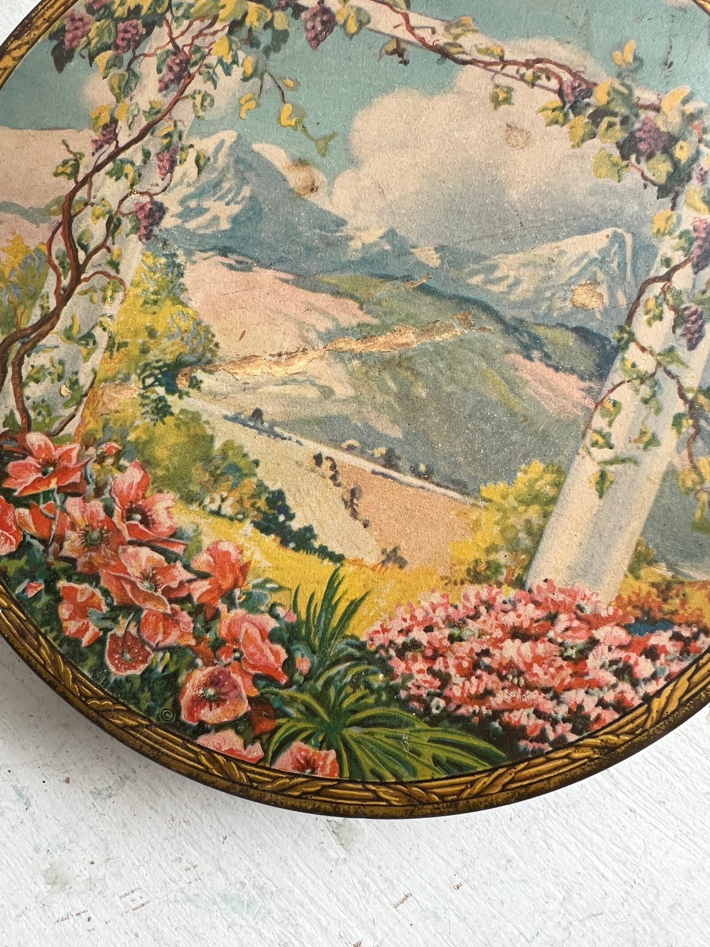 Antique Spring Mountain Tin | Tindeco Antique Tin Box, Mountain & Garden Scene with Florals, Tin with Spring Scene