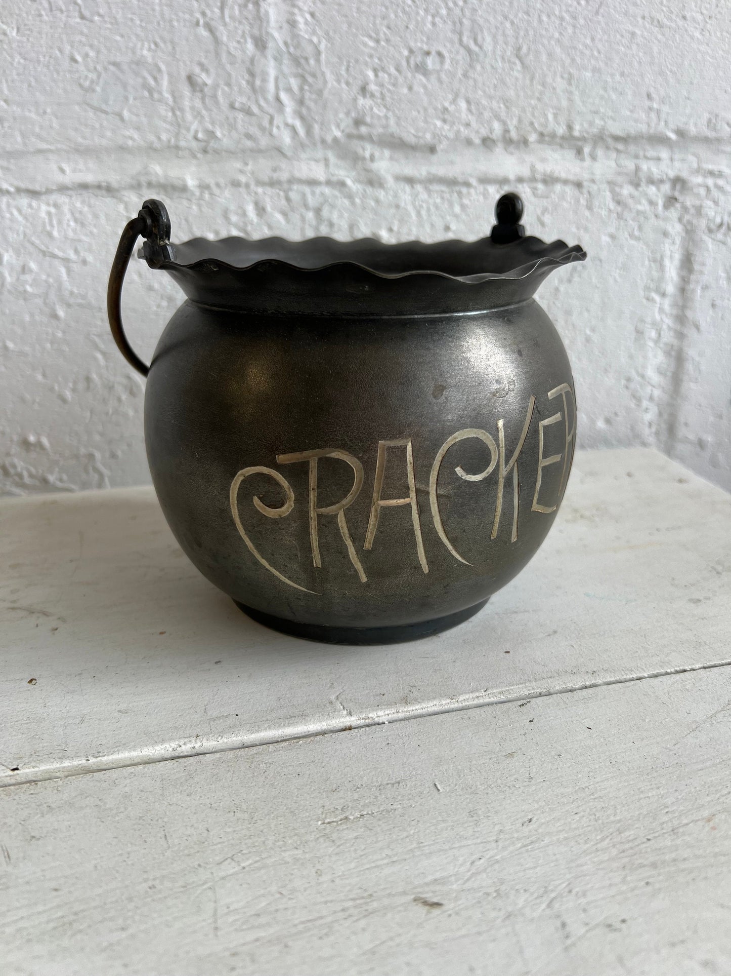 Antique Silverplate Cracker Bowl, Cracker Barrel with Etched Writing, Superior Silver Plate Co.