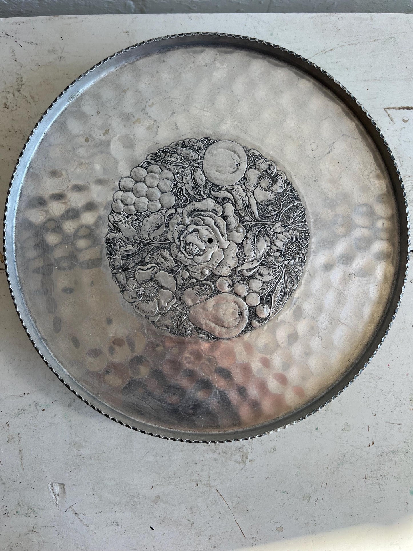 Vintage Aluminum Embossed Tray with Pedestal Stand 12.25” | Vintage Platter, Vintage Cake Stand, Tray, Vintage Kitchenware, Aluminum