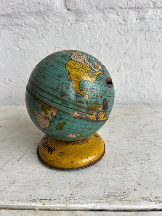 Vintage Globe Bank, 4" Small Vintage Tin Money Bank, Antique Metal Globe Bank, Coin Bank, Vintage Globe, Man Cave Decor, Boys Room Decor