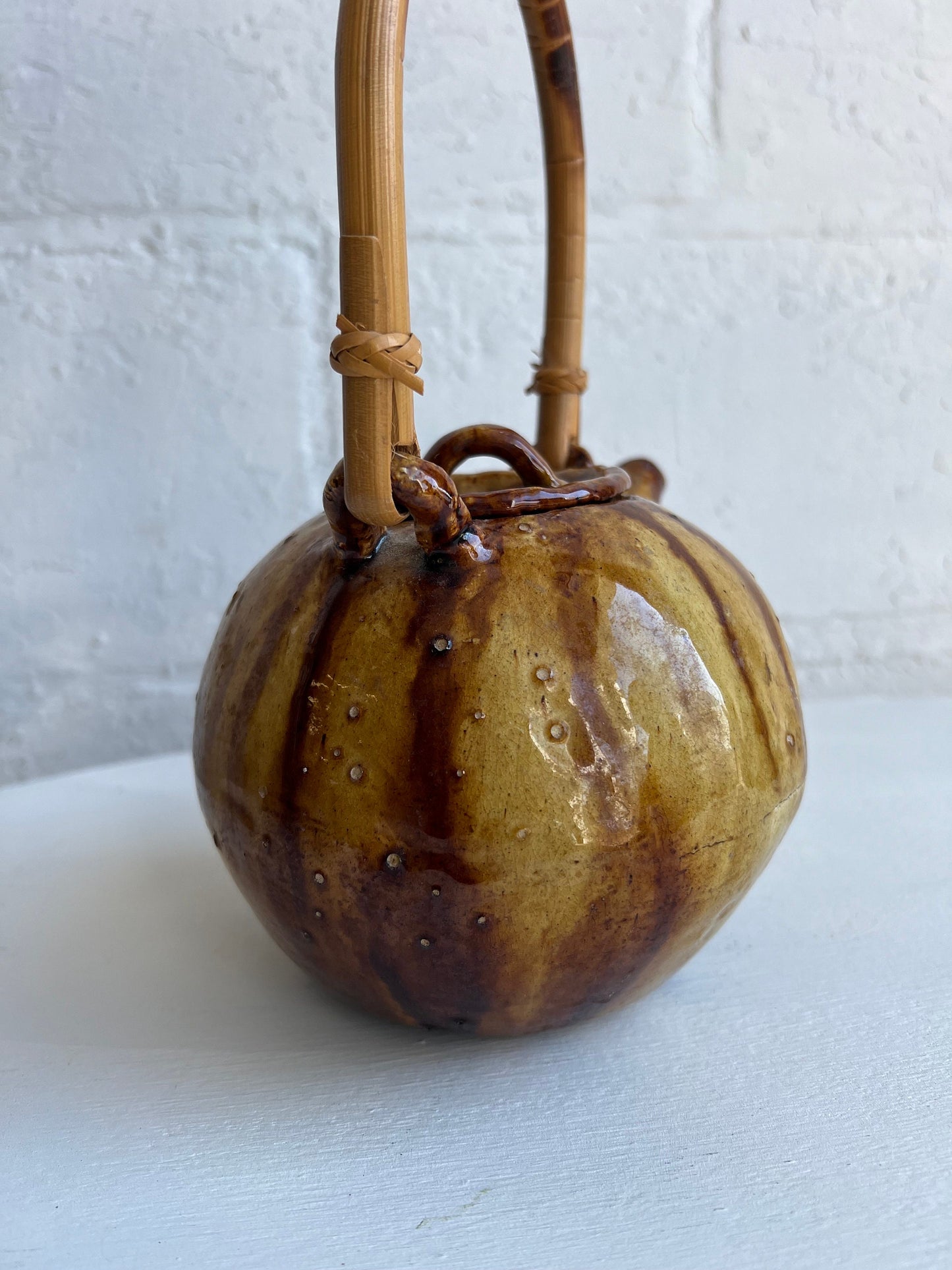 Vintage Pottery Teapot with Brown Glaze & Bamboo Handle