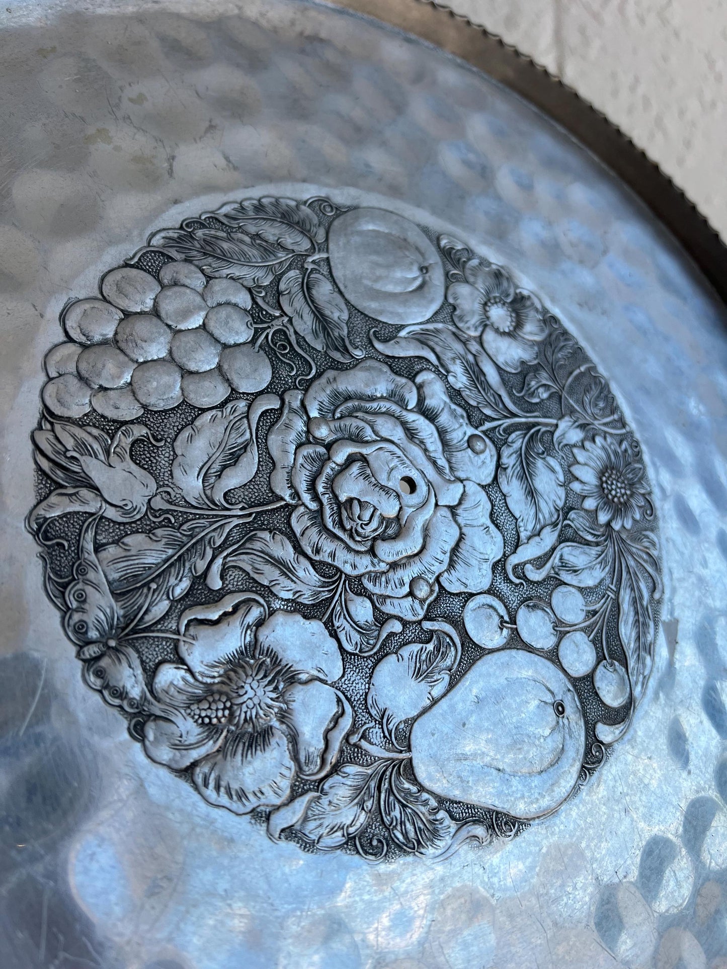 Vintage Aluminum Embossed Tray with Pedestal Stand 12.25” | Vintage Platter, Vintage Cake Stand, Tray, Vintage Kitchenware, Aluminum