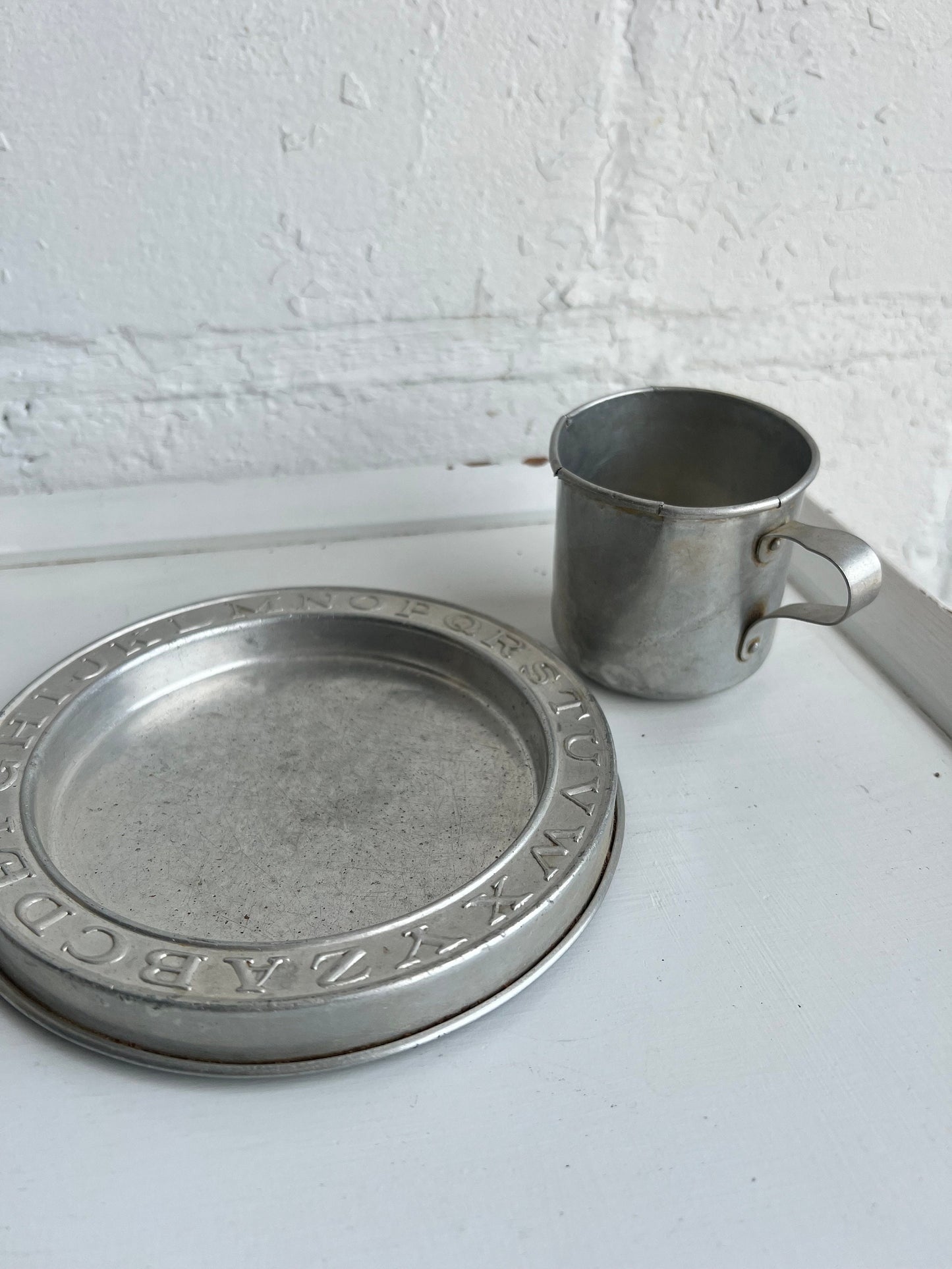 Vintage Aluminum Baby Alphabet Plate & Cup 6” | Vintage Baby, Vintage Nursery, Vintage Alphabet Dish