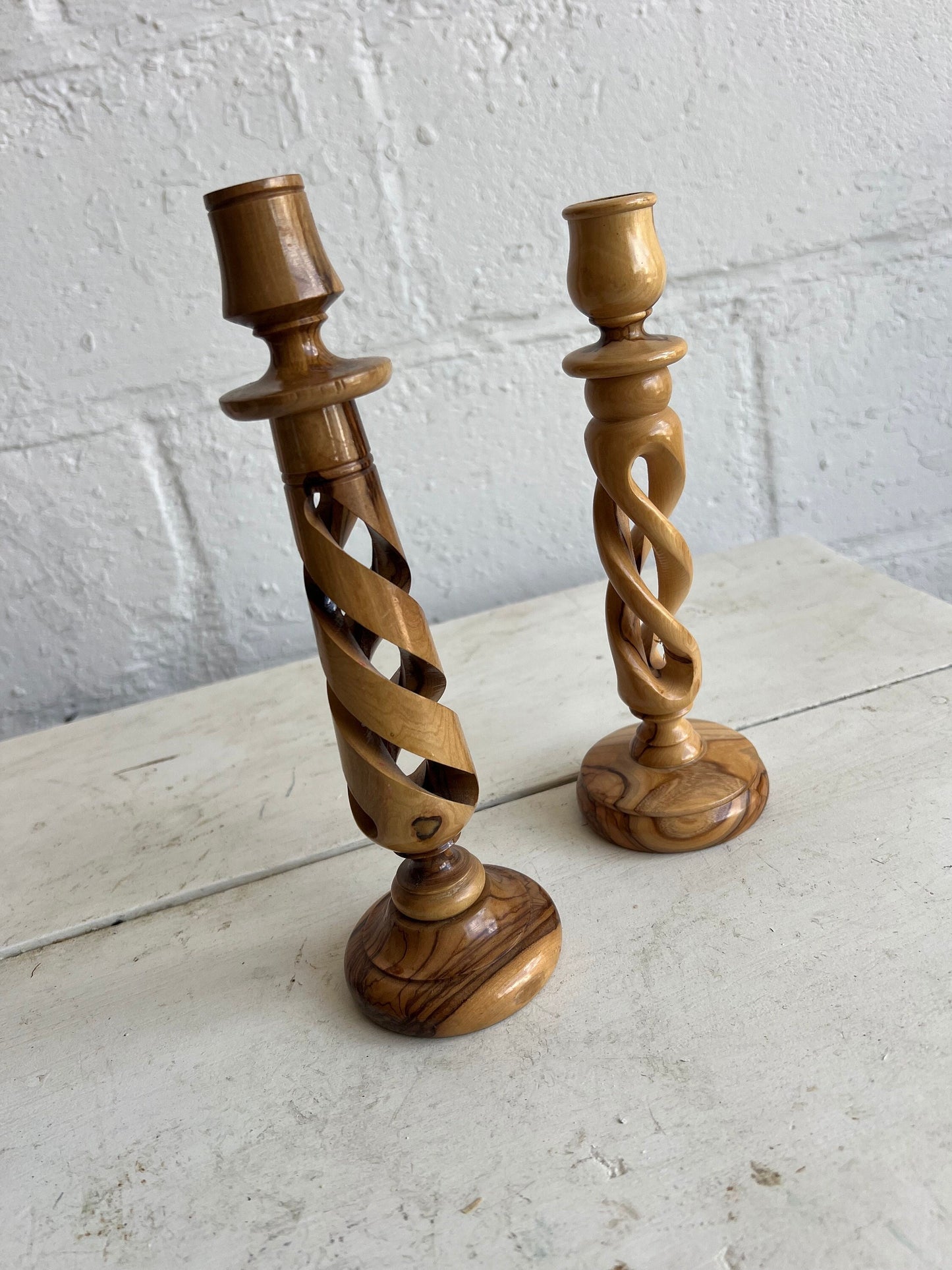 TWO Carved Olive Wood Twisted Candlesticks, Non-Matching Wooden Candle Pair, 9.75" & 9" Candlesticks
