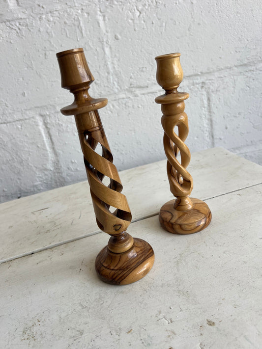 TWO Carved Olive Wood Twisted Candlesticks, Non-Matching Wooden Candle Pair, 9.75" & 9" Candlesticks